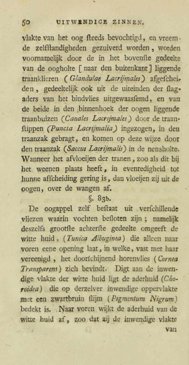 vlakte van het oog (leeds bevochtigd, en vreem- de zelfftandigheden gezuiverd worden, worden voornamelijk door de in het bovenfle gedeelte van de oogholte [naar den buitenkant] liggende traanklieren (Glandulae Lacrijmales) afgefchei# den , gedeeltelijk ook uit de uiteinden der (lag- aders van het bindvlies uitgewaasfemd, en van de beide in den .binnenhoek der oogen liggende traanbuizen (Canales Lacrijmales') door de traan- (lippen (Puncia Lacrijmalia) ingezogen, in den traanzak gebragt, en komen op deze wijze door den traanzak (Saccus Lacrijmalis) in de neusholte. Wanneer het afvloeijen der tranen, zoo als dit bij het weenen plaats heeft, in evenredigheid tot hunne affcheiding gering is, dan vloeijen zij uit de oogen, over de wangen af. §• 83b. De oogappel zelf beftaat uit verichillende vliezen waarin vochten befloten zijn ; namelijk deszelfs grootde achterde gedeelte omgeeft de witte huid, (Tunica Albuginea) die alleen naar voren eene opening laat, in welke, vast met haar vereenigd , het doorfchijnend horenvlies (Cornea Transparem) zich bevindt- Digt aan de inwen- dige vlakte der witte huid ligt de aderhuid (Cho- roidca) die op derzelver inwendige oppervlakte met een zwartbruin (lijm (Ptgmentum Nigrum) bedekt is. Naar voren wijkt de aderhuid van de witte huid af, zoo dat zij de inwendige vlakte van
