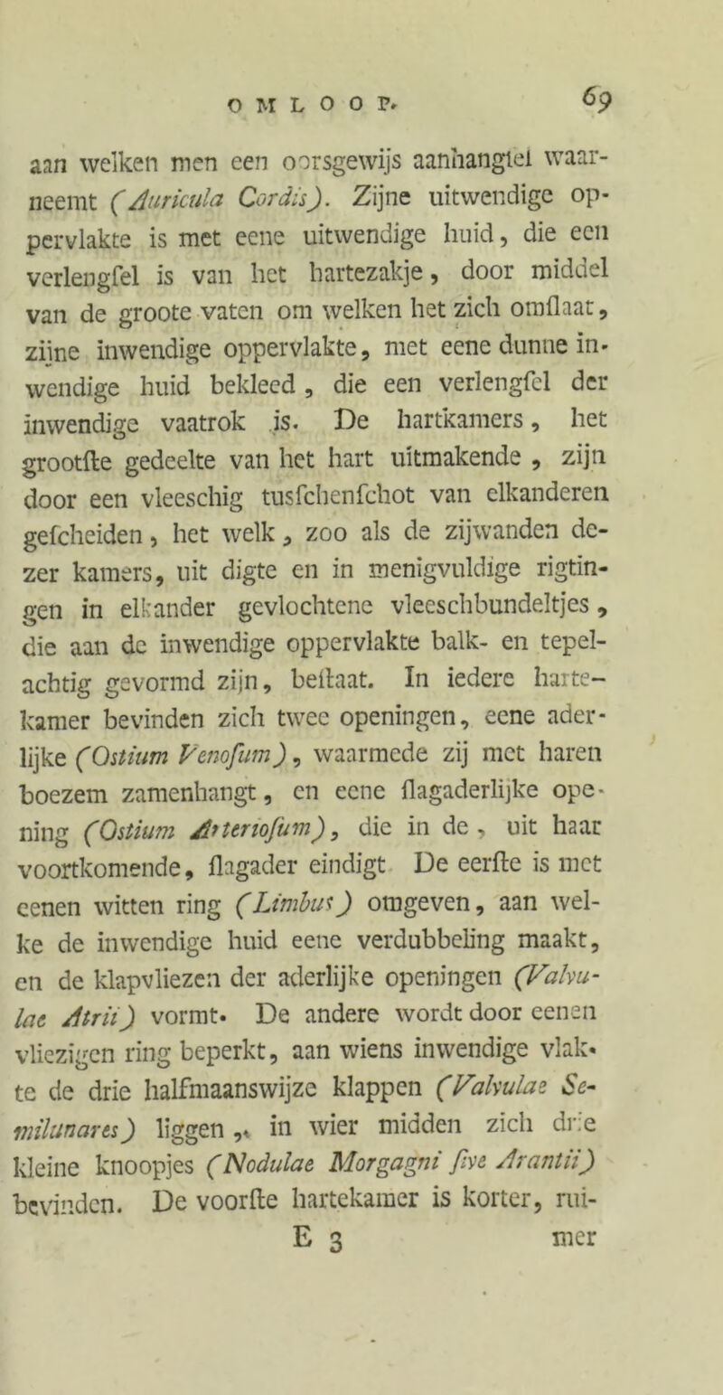 6p aan welken men een oorsgewijs aanhanglei waar- neemt (Auricula Cordis). Zijne uitwendige op- pervlakte is met eene uitwendige huid, die een verlengfel is van het hartezakje, door middel van de groote vaten om welken het zich omflaat, zijne inwendige oppervlakte, met eene dunne in- wendige huid bekleed , die een verlengfel der inwendige vaatrok is. De hartkamers, het grootfte gedeelte van het hart uitmakende , zijn door een vleeschig tusfehenfehot van elkanderen gefcheiden, het welk, zoo als de zijwanden de- zer kamers, uit digte en in menigvuldige rigtin- gen in elkander gevlochtcne vleeschbundeltjes, die aan dc inwendige oppervlakte balk- en tepel- achtig gevormd zijn, beihat. In iedere harte- kamer bevinden zich twee openingen, eene ader- lijke (Ostium V mof um), waarmede zij met haren boezem zamenhangt, en eene flagaderlijke ope- ning (Ostium Antriofum), die in de, uit haar voortkomende, flagader eindigt De eerde is met cenen witten ring (Limbu*) omgeven, aan wel- ke de inwendige huid eene verdubbeling maakt, en de klapvliezen der aderlijke openingen (Vahu- lat Atrii) vormt. De andere wordt door eenen vliezigen ring beperkt, aan wiens inwendige vlak* te de drie halfmaanswijze klappen (Pakulae Se- milunaru) liggen,, in wier midden zich drie kleine knoopjes (Nodulae Morgagni ßve Jrantii) bevinden. De voorde hartekamer is korter, rui-