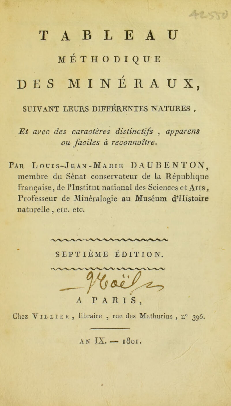 MÉTHODIQUE DES MINERAUX, SUIVANT LEURS DIFFÉRENTES NATURES , Et avec des caractères distinctifs , appareils Par Louis-Jean-Marie DAUBENTON, membre du Sénat conservateur de la République française, de l’Institut national des Sciences et Arts, Professeur de Minéralogie au Muséum d’Histoire naturelle, etc. etc. Chez Vil lie R 5 libraire , rue des Mathurins , n° 396. ou faciles à reconnaître. SEPTIÈME ÉDITION. A PARIS, AN IX. — l8ol. 4