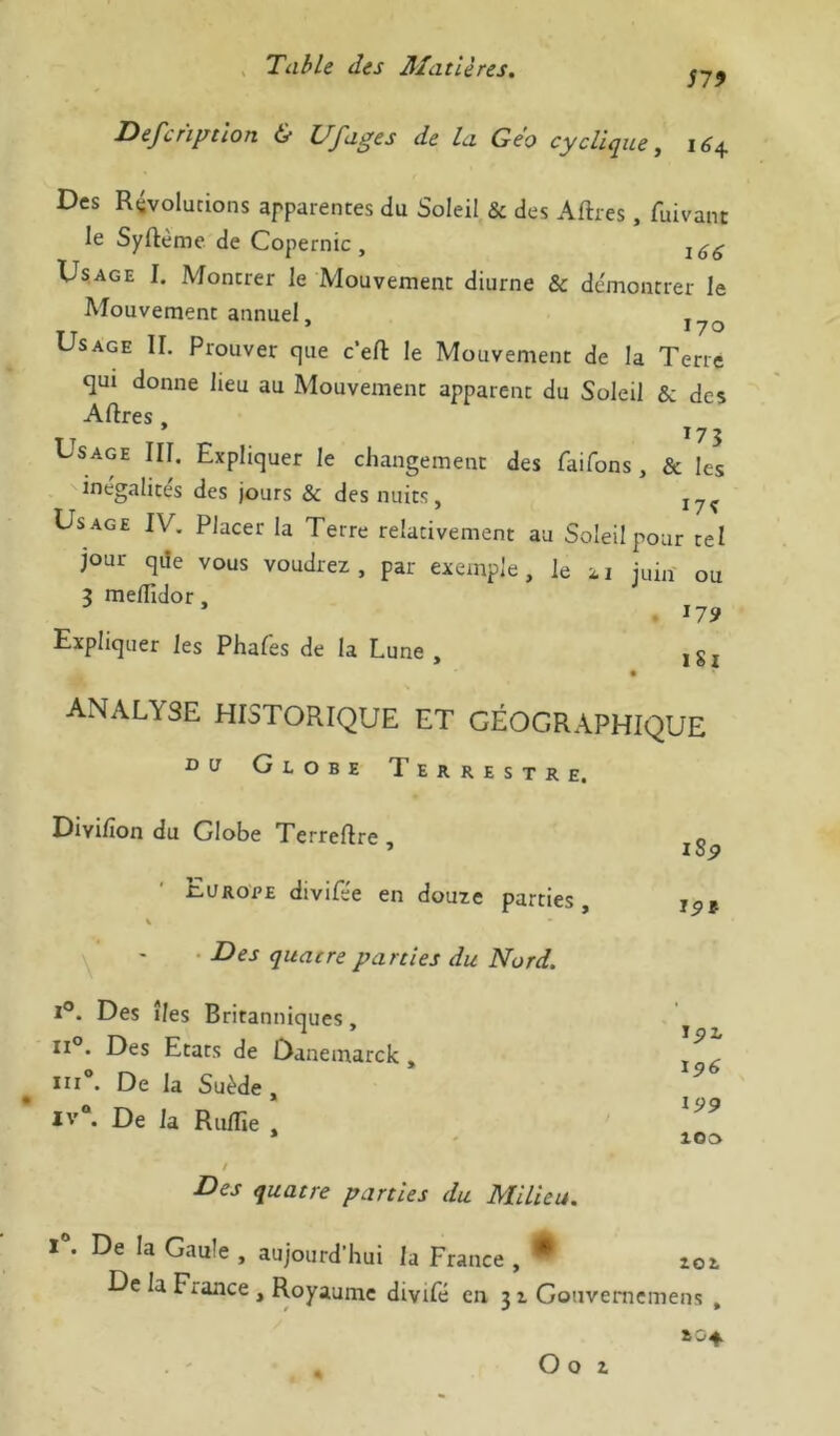 S79 Defcrïytlon & Ufages de la Geo cyclique, 164 Des Révolutions apparentes du Soleil & des Aftres, fuivanc le Syftèmc de Copernic, Usage I. Montrer le Mouvement diurne & démontrer le Afouvement annuel, Usage II. Prouver que c’eft le Mouvement de la Terre qui donne lieu au Mouvement apparent du Soleil & des Aftres , TT ^75 Lsage III. Expliquer le changement des faifons , & les inégalités des jours & des nuits, Usage IV. Placer la Terre relativement au Soleil pour tel jour qde vous voudrez, par exemple, le xi juin ou 3 meffidor, * .179 Expliquer les Phafes de la Lune , ANALYSE HISTORIQUE ET GÉOGRAPHIQUE DU Globe Terrestre, Divifion du Globe Terreflre , Europe divifée en douze parties • Des quatre parties du Nord. 1°. Des îles Britanniques, 11°. Des Etats de Oanemarck, in“. De la Suède , iv“. De la Ru/Tie , / Des quatre parties du Milieu. 1 . De la Gaule , aujourd’hui la France , ® iSp rpf ipz, 196 1P9 lOO ZOL De la France , Royaume divifé en 31 Gouvememens , &04 O o Z