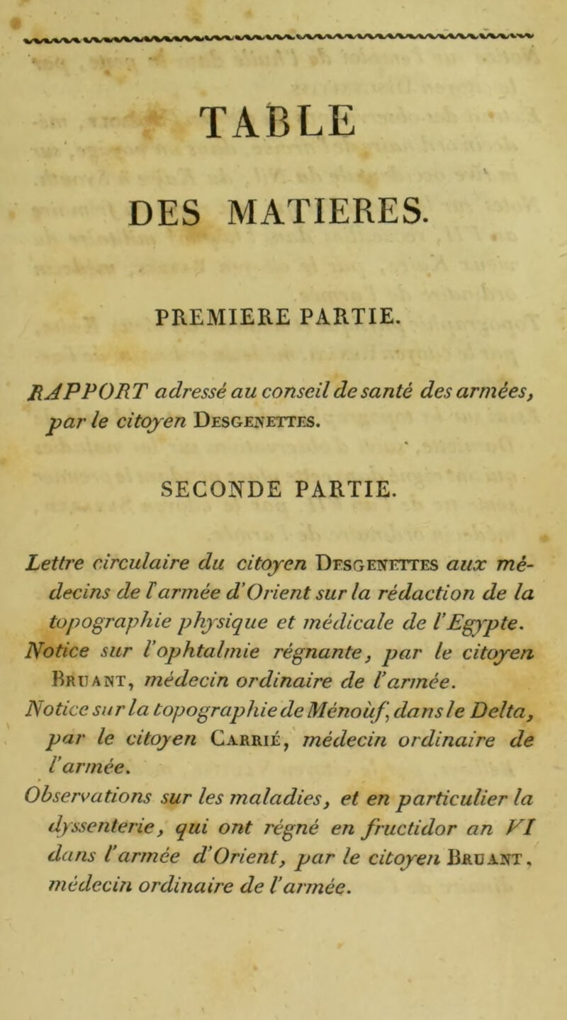 TABLE DES MATIERES. PREMIERE PARTIE. RAPPORT adressé au conseil de santé des armées, par le citoyen Desoenettes. SECONDE PARTIE. Lettre circulaire du citoyen Dfsgenettes aux mé- decins de larmée d’Orient sur la rédaction de la topographie physique et médicale de l’Egypte. Notice sur l’ophtalmie régnante, par le citoyen Bruant, médecin ordinaire de l’armée. Notice sur la topographie de Ménouj\ dans le Delta, par le citoyen Carrié, médecin ordinaire de l’armée. Observations sur les maladies, et en particulier la dyssentei'ie, qui ont régné en fructidor an VI dans l’armée d’Orient, par le citoyen Bruant, médecin ordinaire de l’armée.