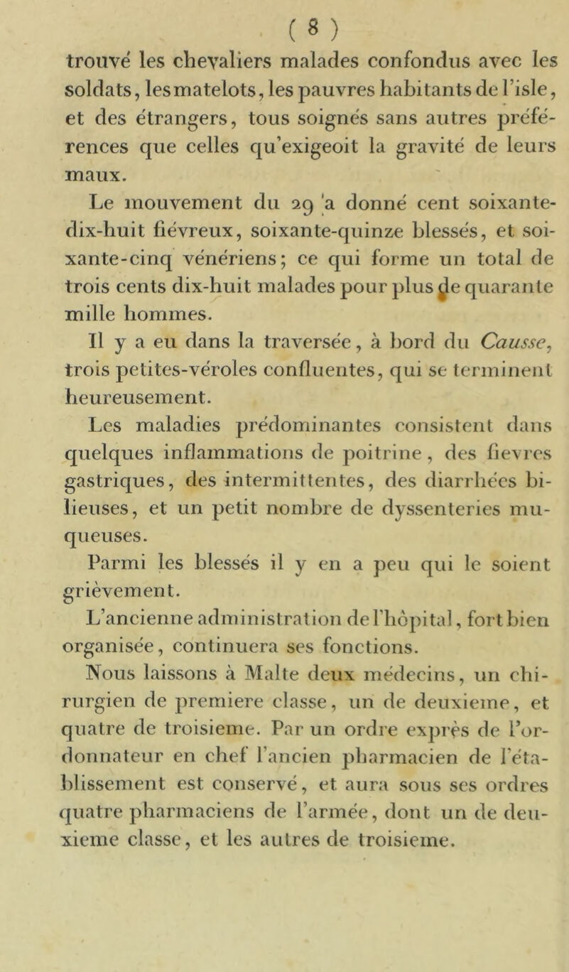 trouvé les chevaliers malades confondus avec les soldats, les matelots, les pauvres habitants de l’isle, et des étrangers, tous soignés sans autres préfé- rences que celles qu’exigeoit la gravité de leurs maux. Le mouvement du 29 'a donné cent soixante- dix-huit fiévreux, soixante-quinze blessés, et soi- xante-cinq vénériens; ce qui forme un total de trois cents dix-huit malades pour plus j^e quarante mille hommes. Il y a eu dans la traversée, à bord du Causse, trois petites-véroles confluentes, qui se terminent heureusement. Les maladies prédominantes consistent dans quelques inflammations de poitrine , des fièvres gastriques, des intermittentes, des diarrhées bi- lieuses, et un petit nombre de dyssenteries mu- queuses. Parmi les blessés il y en a peu qui le soient grièvement. L’ancienne administration deriiôpital, fort bien organisée, continuera ses fonctions. Nous laissons à Malte deux médecins, un chi- rurgien de première classe, un de deuxieme, et quatre de troisième. Par un ordre exprès de Por- donnateur en chef l’ancien pharmacien de l’éta- blissement est conservé, et aura sous scs ordres quatre pharmaciens de l’armée, dont un de deu- xieme classe, et les autres de troisième.