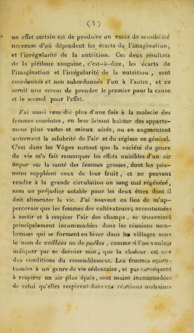 (5) * un effet certain est de produire un excès de sensibilité nerveuse d’où dépendent les écarts de l’imagination, et l’irrégnlarité de la nutrition. Ces deux résultats de la pléthore sanguine, c’est-à-dire, les écarts de l’imagination et l’irrégularité de la nutrition , sont coordonnés et non subordonnés l’un à l’autre, et ce seroit une erreur de prendre le premier pour la cause et le second pour l’effet. J’ai aussi remédié plus d’une fois à la malade des femmes enceintes , en leur faisant habiter des apparte- nions plus vastes et mieux aérés, ou en augmentant autrement la salubrité de l’air et du régime en général. C’est dans les Vôges surtout que la variété du genre de vie m’a fait remarquer les effets nuisibles d’un air impur sur la santé des femmes grosses, dont les pou- mons suppléent ceux de leur fruit , et ne peuvent rendre à la grande circulation un sang mal régénéré, sans un préjudice notable pour les deux êtres dont il doit alimenter la vie. J’ai souvent eu lieu de m’ap- percevoirque les femmes des cultivateurs , accoutumées à sortir et à respirer l’air des champs , se trouvoient principalement incommodées dans les réunions nom- breuses qui se forment en hiver dans le* villages sous le nom de veillées ou de poêles , comme si l’on vouloir indiquer par ee dernier mot, que la chaleur est nue des conditions du rassemblement. Les femmes açcou- tumées à un genre de vie sédentaire , et par conséquent à respirer un air plus épais, sont moins incommodées de celui qu’elles respirent dans ces réunions malsaines