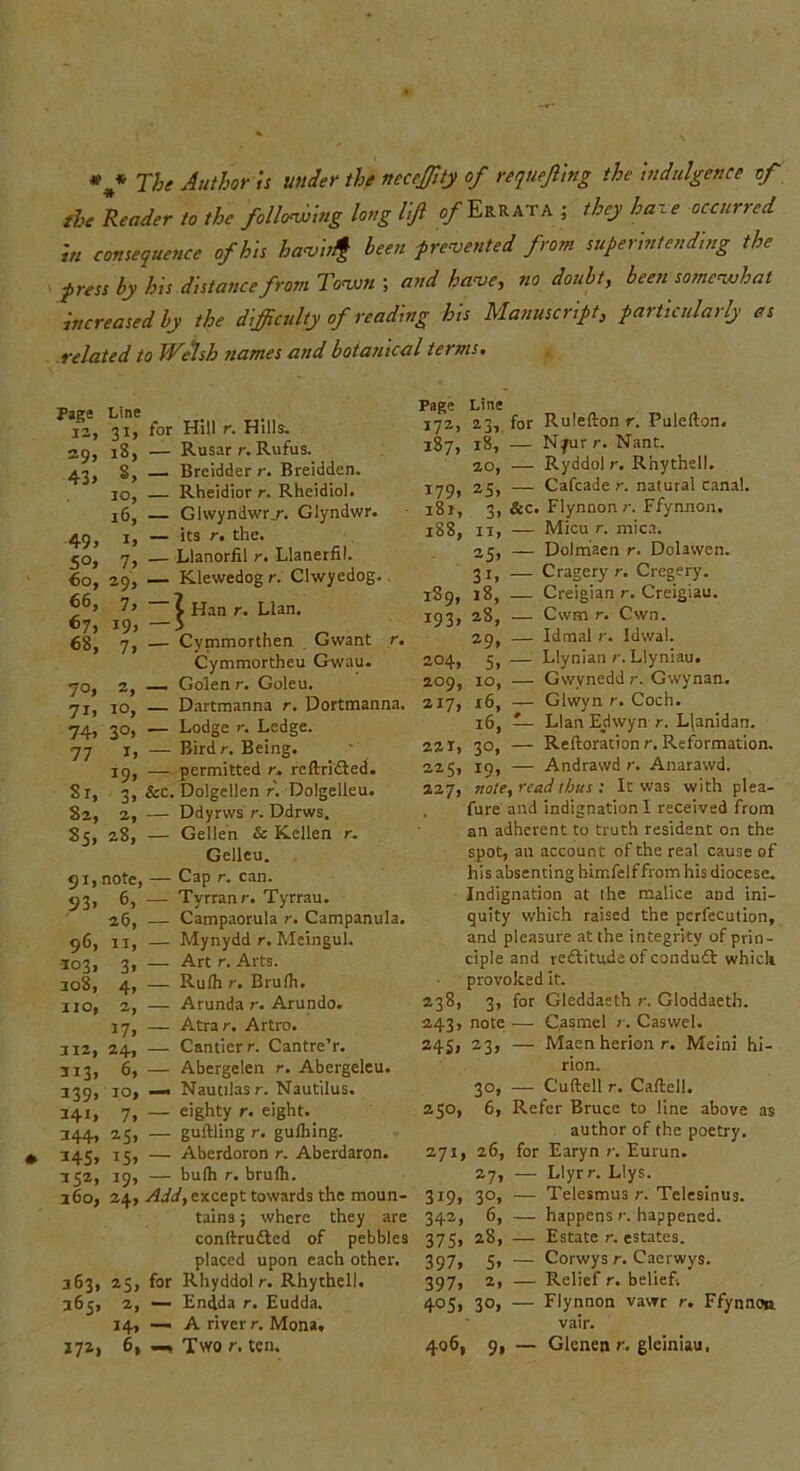 V The Author is wider the neceffity of requeuing the 'indulgence of the Reader to the following long lift of Errata ; they hare occurred in consequence of his havhlf been prevented from superintending the press by his distance from Town ; and have, no doubt, been somewhat increased by the difficulty of reading his Manuscript, particularly as related to Welsh names and botanical terms. l»uic 12, 31, for Hill r. Hills. 29, 18, — Rusar r. Rufus. 43, g, — Breidder r. Breidden. 10, — Rheidior r. Rheidiol. x6, — Ghvyndwr_r. Glyndwr. 49, 1, — its r. the. ^o, 7, — Llanoriil r. Llanerfil. 60, 29, — Klewedog r. Clwyedog. 7’ i Han r. Llan. ^7j —5 , 68, 7, — Cymmorthen Gvvant r. Cymmortheu Gwau. 70, 2, — Golen r. Goleu. 71, jo, — Dartmanna r. Dortmanna. 74, 30, — Lodge Ledge. 77 1, — Bird/-. Being. 19, — permitted r. rcftridled. S1, 3, &c. Dolgellen r. Dolgelleu. 82, 2, — Ddyrws r. Ddrws. S5, 28, — Gellen & Kellen r. Gelleu. 91, note, — Cap r. can. 93, 6, — Tyrranr. Tyrrau. 26, — Campaorula r. Campanula. 96, 11, — Mynydd r. Meingul. 103, 3, — Art r. Arts. 308, 4, — Rulh r. Brulh. 110, 2, — Arunda r. Arundo. 17, — Atra/-. Artro. 312, 24, — Cantierr. Cantre’r. 313, 6, — Abergelen r. Abergeleu. 339> i°» Nautilasr. Nautilus. 341, 7, — eighty r. eight.. 344, 25, — guftling r. gulhing. 345, 15, — Aberdoron r. Aberdaron. 352, 19, — bufh r. brulh. 160, 24, Add, except towards the moun- tains ; where they are conftrudted of pebbles placed upon each other. 363, 25, for Rhyddol r. Rhythell. 365, 2, — Enida r. Eudda. 14, — A river r. Mona. 172, 6, —, Two r. ten. Page Line 172, 23, for Rulefton r. Pulefton. 387, x8, — Njurr. Nant. 20, — Ryddol r. Rhythell. 179, 25, — Cafcade r. natural canal. 181, 3, &c. Flynnon r. Ffynnon. 188, 13, — Micu r. mica. 35, — Dolmaen r. Dolawen. 31, — Cragery r. Cregery. 189, 18, — Creigian r. Creigiau. 193, 28, — Cwm r. Cwn. 29, — Idmal r. Idwal. 304, 5, — Llynian r. Llyniau. 209, 10, — Gwynedd r. Gwynan. 217, 36, — Glwyn r. Coch. 16, — Llan Edwyn r. Hanidan. 223, 30, — Reftoration r. Reformation. 225, 39, — Andrawd r. Anarawd. 227, note, read thus : It was with plea- fure and indignation I received from an adherent to truth resident on the spot, an account of the real cause of his absenting hirr.felffrom his diocese. Indignation at the malice and ini- quity which raised the pcrfecution, and pleasure at the integrity of prin- ciple and re&itude of conduit which provoked it. 238, 3, for Gleddaeth r. Gloddaeth. 243, note —• Qasmel >. Caswel. 245, 23, — Maenherionr. Meini hi- rion. 30, — Cuftell r. Caftell. 250, 6, Refer Bruce to line above as author of the poetry. 271, 26, for Earyn r. Eurun. 27, — Llyrr. Llys. 319, 3°, — Telesmus r. Teiesinus. 342, 6, — happens r. happened. 375, 28, — Estate r. estates. 397> 5> — Corwys r. Caerwys. 397, 2, — Relief r. belief 405, 3°i — Flynnon vawr r. Ffynnon. vair. 406, 9, — Glenen r. gleiniau,