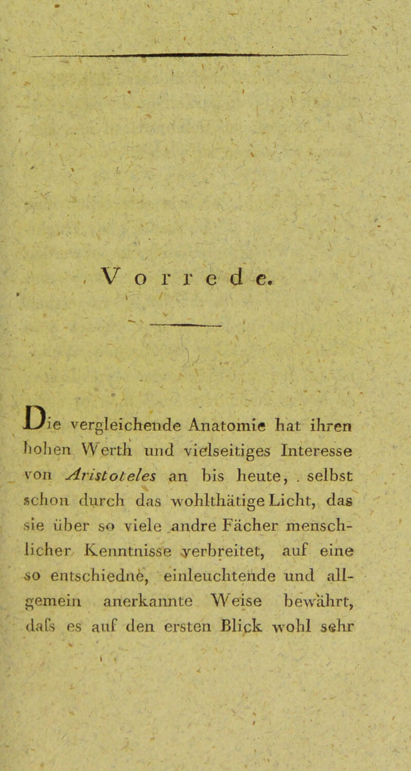 ' / v * % i- i- / A . V o r r e d e. / J./ £)ie vergleichende Anatomie hat ihren hohen Werth und vielseitiges Interesse von Aristoteles an bis heute, . selbst schon durch das wohlthätige Licht, das sie über so viele andre Fächer mensch- licher Kenntnisse verbreitet, auf eine so entschiedne, einleuchtende und all- gemein anerkannte Weise bewährt, daCs es auf den ersten Blick wohl sehr l i /