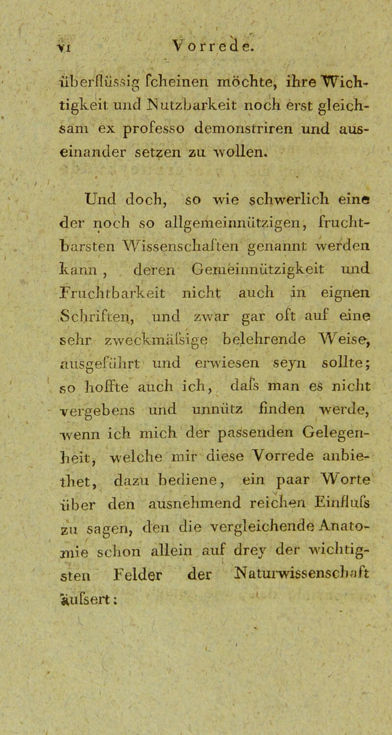 überflüssig fcheinen möchte, ihre Wich- tigkeit und Nutzbarkeit noch erst gleich- sam ex professo demonstriren und aus- einander setzen zu wollen. Und doch, so wie schwerlich eine der noch so allgemeinnützigen, frucht- barsten Wissenschaften genannt werden kann , deren Gemeinnützigkeit und Fruchtbarkeit nicht auch in eignen Schriften, und zwar gar oft auf eine sehr zweckmäfsige belehrende Weise, ausgeführt und erwiesen seyn sollte; so hoffte auch ich, dafs man es nicht vergebens und unnütz finden werde, wenn ich mich der passenden Gelegen- heit, welche mir diese Vorrede anbie- thet, dazu bediene, ein paar Worte über den ausnehmend reichen Einflufs zu sagen, den die vergleichende Anato- mie schon allein auf drey der wichtig- sten Felder der Naturwissenschaft aufsert: