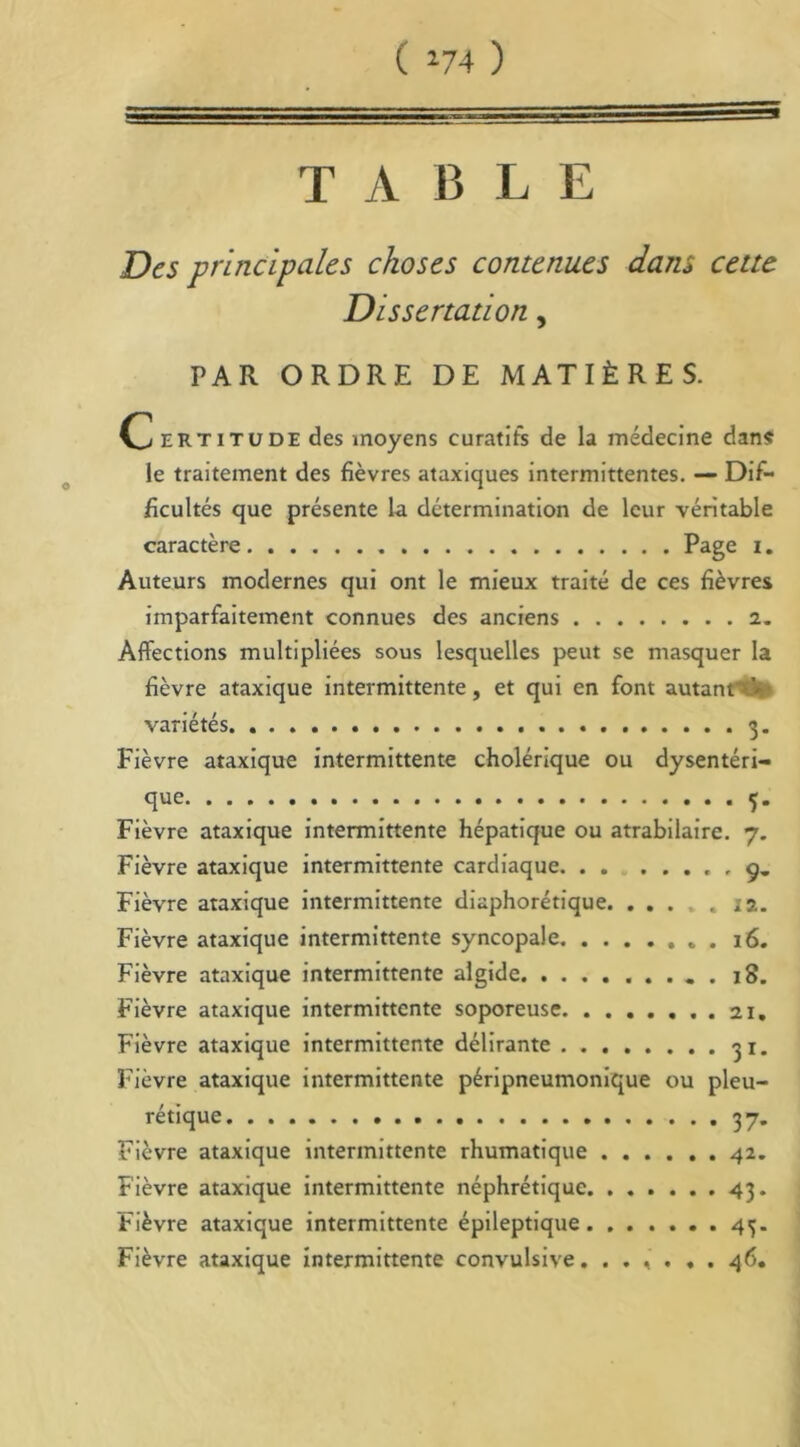 ( >74) T A B L E Des principales choses contenues dans cette Dissertation, PAR ORDRE DE MATIÈRES. C ertitüde des moyens curatifs de la médecine dans le traitement des fièvres ataxiques intermittentes. — Dif- ficultés que présente la détermination de leur véritable caractère Page i. Auteurs modernes qui ont le mieux traité de ces fièvres imparfaitement connues des anciens 2. Affections multipliées sous lesquelles peut se masquer la fièvre ataxique intermittente, et qui en font autant' V variétés 3. Fièvre ataxique intermittente cholérique ou dysentéri- que. • • • S* Fièvre ataxique intermittente hépatique ou atrabilaire. 7. Fièvre ataxique intermittente cardiaque , 9. Fièvre ataxique intermittente diaphonique. ... . ; 2. Fièvre ataxique intermittente syncopale . 16. Fièvre ataxique intermittente algide 18. Fièvre ataxique intermittente soporeuse 21, Fièvre ataxique intermittente délirante 31. Fièvre ataxique intermittente péripneumonique ou pleu- rétique 37. Fièvre ataxique intermittente rhumatique 42. Fièvre ataxique intermittente néphrétique 43. Fièvre ataxique intermittente épileptique 4^. Fièvre ataxique intermittente convulsive. ...... 46.