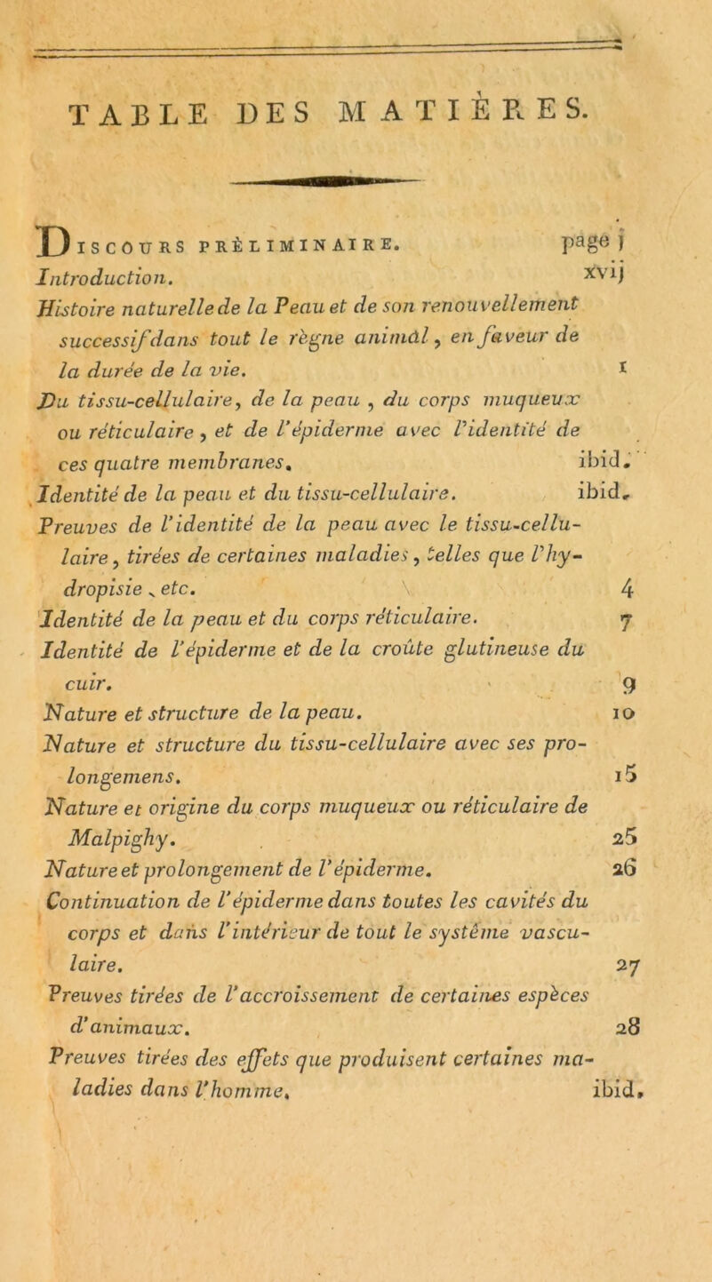 D ISCOURS PRÉLIMINAIRE. î Introduction. Histoire naturellede In Penuet de son renouvellement successif dans tout le rè^ne aniniûf en faveur de la durée de la vie. I JDu tissu-cellulaire y de la peau , du corps muqueux ou réticulaire et de l’épiderme avec Pidentité de ces quatre membranes, ibid, fdentité de la peau et du tissu-cellulaire. ibid. Preuves de l’identité de la peau avec le tissu-cellu- laire y tirées de certaines maladies y telles que l'hy- dropisie ^ etc. V 4 Identité de la peau et du corps réticulaire. rj ' Identité de l’épiderme et de la croûte glutineuse du cuir. ' 9 Nature et structure de la peau. lo Nature et structure du tissu-cellulaire avec ses pro- longemens. , i5 Nature et origine du corps muqueux ou réticulaire de Malpighy. 25 Nature et prolongement de Vépiderme. 26 Continuation de Vépiderme dans toutes les cavités du corps et dans l’intérieur de tout le système vascu- laire. 27 Preuves tirées de Vaccroissement de certaines espèces d’animaux. , 28 Preuves tirées des effets que produisent certaines ma- ladies dans l’homme, ibid»