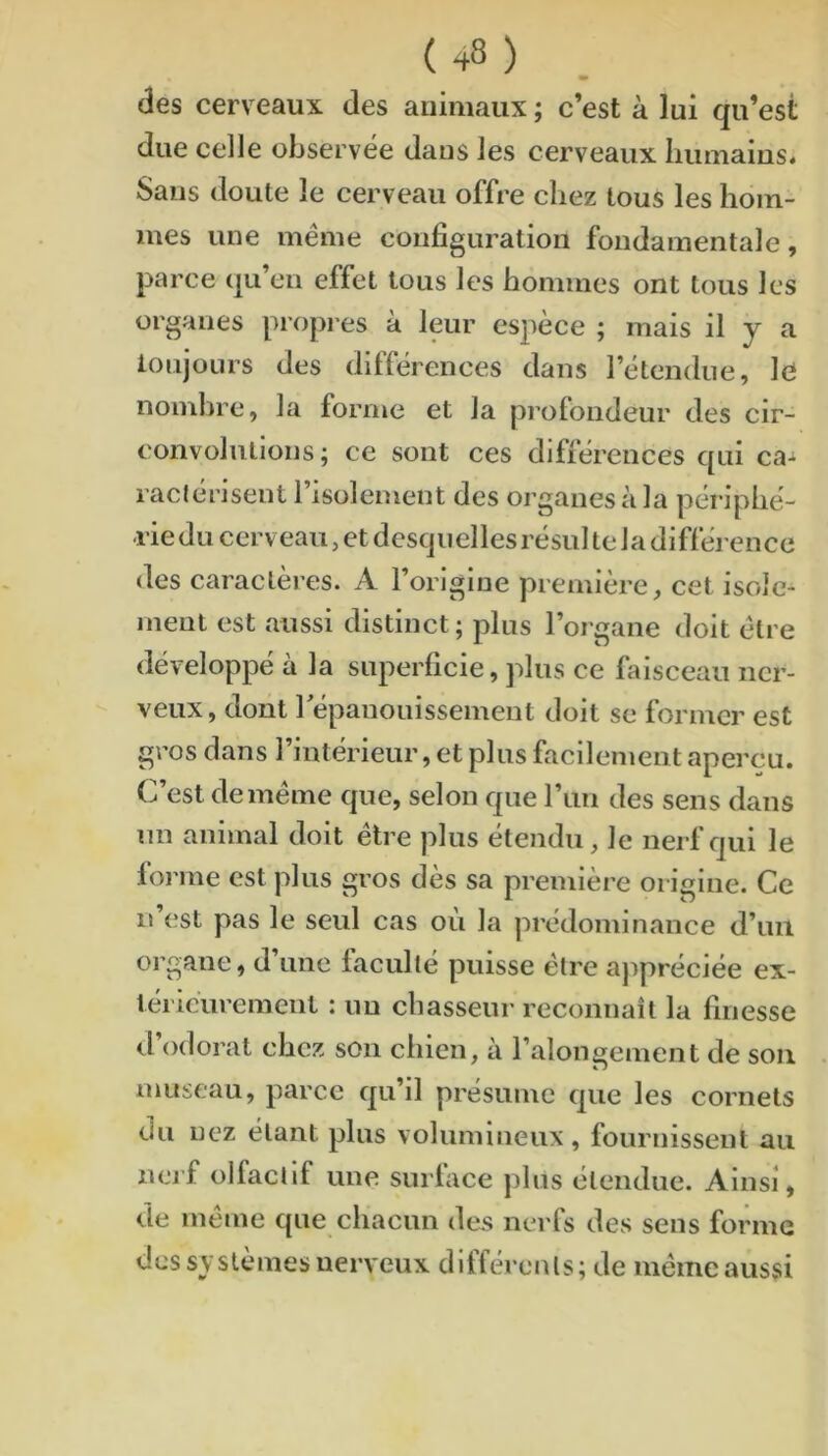 des cerveaux des animaux ; c’est à lui qu’est due celle observée dans les cerveaux humains. Sans doute le cerveau offre chez tous les hom- mes une meme configuration fondamentale, parce qu’en effet tous les hommes ont tous les organes propres à leur espèce ; mais H y a toujours des différences dans l’étendue, le nombre, la forme et la profondeur des cir- convolutions; ce sont ces différences qui ca-i raclérisent l’isolement des organes à la périphé- l'iedu cerveau, et desquelles résul te la différence des caractères. A l’origine première, cet isole- ment est aussi distinct ; plus l’organe doit être développé à la superficie, plus ce faisceau ner- veux, dont répanouissement doit se former est gros dans l’intérieur, et plus facilement aperçu. C’est de meme que, selon que l’iin des sens dans un animal doit être plus étendu, le nerf qui le foi’me est plus gros dès sa première origine. Ce n est pas le seul cas où la prédominance d’un organe, d’une faculté puisse être ajipréciée ex- térieurement : un chasseur reconnaît la finesse d’odorat chez son chien, à Talongement de son museau, parce qu’il présume que les cornets du nez étant plus volumineux, fournissent au nerf olfactif une surlace plus étendue. Ainsi, de meme que chacun de.s nerfs des sens forme des systèmes nerveux différents; de même aussi