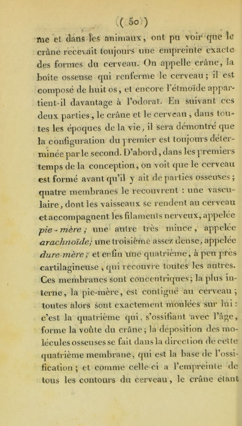 me et claiis^îes aïilmaux, ont pu voir-que îe crâne recevait toujours une empreinte exacte des formes du cerveau. On appelle crâne, la boîte osseuse qui renferme le cerveau ; il est composé de liuit os, et encore rétinoïde appar- tient-il davantage à l’odorat. En suivant ces deux parties, le crâne et le cerveau , dans tou- tes les époques de la vie, il sera démontré que la configuration du ] rcmier est toujours déter- minée parle second. D abord, dans les premiei s temps de la conception, on volt que le cerveau est formé avant qu’il y ait de parties osseuses ; quatre membranes le recouvrent : une vascu- laire, dont les vaisseaux se rendent au cerveau et accompagnent les filainenls nerveux, appelée pie - mère ; une autre très mince , appelée arachnoïde; une troisième assez dense, appelée dure-mère'; et enfin une quatrième, à peu près cartilagineuse , qui recouvre toutes les antres. Ces membranes sont concentriques; la plus in- terne, la pie-mère, est contiguë au cerveau; tontes alors sont exactement moulées sur lui : c’est la quatrième qui, s’ossifiant avec l’âge, forme la voûte du crâne; la déposition des mo- lécules osseuses se fait dans la direction de cette quatrième membrane, qui est la base de l’ossi- fication ; et comme celle-ci a l’empreinte de tous les contours du cerveau, le crâne étant