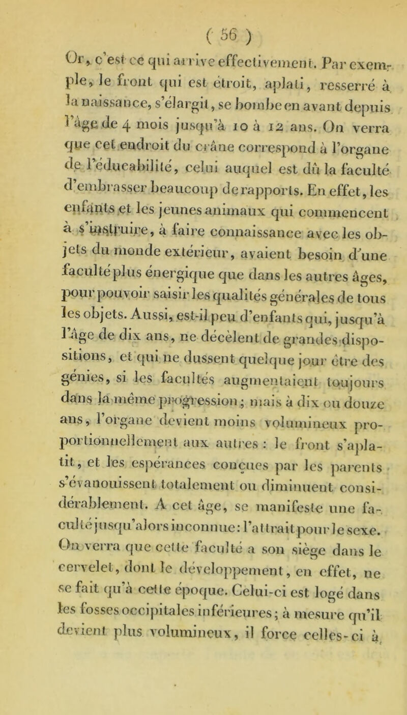 Oi f Q est ce cjiii ûiTive effectivenicnt. Pai* cxenv pie, le front qui est étroit, a})lati, resserré à la uaissauce, s’élargit, se hoinlieen avant depuis l’àgtide4 mois jusqu’à lo à 12 ans. On verra que cet.endroit du crâne correspond à l’organe de 1 éducalulilé, celui auquel est du la faculté d embrasser beaucoup de rapports. En effet, les ejif^nts .et les jeunes animaux qui commencent ^ ^ n?«îU’uire, à faire connaissance avec les ob- jets du monde extérieur, avaient besoin d^une faculté plus énergique que dans les autres âges, pour pouvoir saisir les qualités générales de tous les objets. Aussi, est-il jieu d’enfants qui, jusqu’à 1-age de dix ans, ne décèlent de grandes-dlspo- sitioiis, et (jui ne dussent quebpie jour être des génies, si les facultés augmentaic.nt toujours dans ]a«mémc pi>ogression ; mais à dix ou douze ans, 1 organe devient moins volumineux pro- portiomiellcment aux autres ; le front s’ajda- lit, et les espérances conçues par les parents* Xévanouissent totalement ou diminuent consi- dérablement. A cet âge, se manifeste une fa- cul té jusqu’alors inconnue; l’attrait jvour le sexe. On verra que cette faculté a son siège dans le cervelet, dont le (léveloj)pement, en effet, ne se fait qu a cet le époque. Celui-ci est logé dans les fossesocclj)itales Inférieures; à mesui'e qu’il devient plus volumineux, il force celles-ci à
