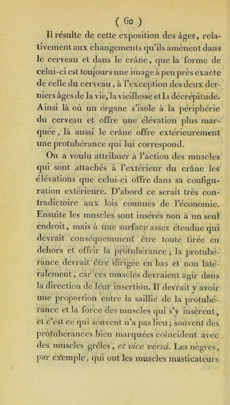 Il résulte de cette exposition des âges, rela- tivement aux changements qu’ils amènent dans le cerveau et dans le crâne, que la forme de celui-ci est toujours une image à peu près exacte de celle du cerveau, à l’exception des deux der- niers âgcsde la vie, la vieillesse ethi décrépitude. Ainsi là où un organe s’isole à la périphérie du cerveau et offre une élévation plus mar- quée , là aussi le crâne offre extérieurement une protubérance qui lui correspond. On a voulu attribuer à l’action des muscles qui sont attachés à l’extérieur du crâne les élévations que celui-ci offre dans sa configu- ration extérieure. D’abord ce serait très con- tradictoire aux lois connues de l’économie. Ensuite les muscles sont insérés non à un seul endroit, mais à une surface assez étendue qui devrait conséquemment être toute tirée en dehors et offrir la protubérance ; la jirotuhé- rance devrait être dirigée en I)as et non laté- ralement, car ces muscles devraient a«ir dans la direction de leur insertion. Il devrait y avoir une proportion entre la saillie de la protubé- rance et la force des muscles qui s’y insèrent, et c’est ce qui souvent n’a pas Heu ; souvent des protubérances bien marquées coïncident avec des muscles grêles , et vice versa. Les nèares, par eiîfemplc, qui ont les muscles masticateurs