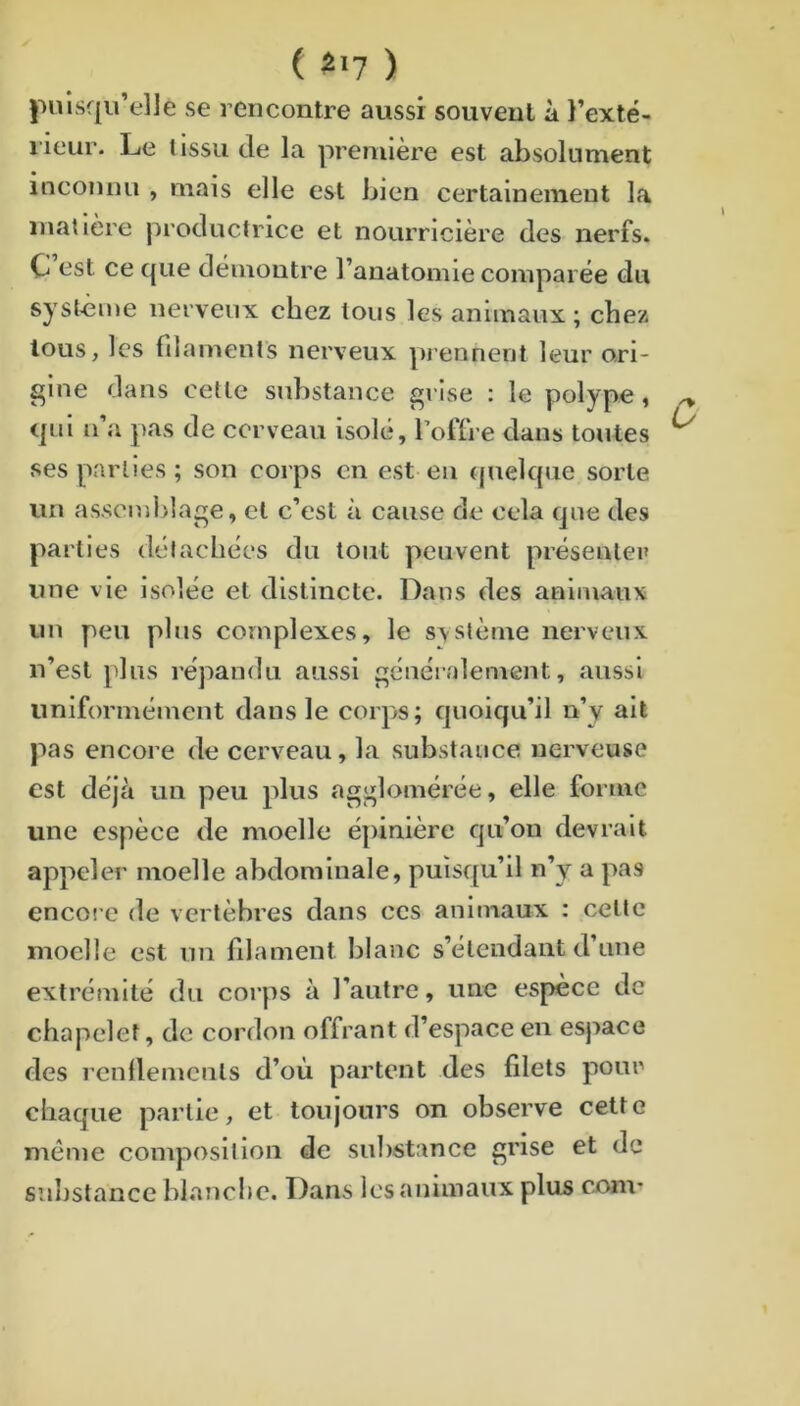 ( ) liuisqu’elle se rencontre aussi souvent à l’exté- rieur. Le tissu de la première est absolument inconnu , mais elle est bien certainement la matière productrice et nourricière des nerfs. C est ce c|ue démontre l’anatomie comparée du sysldme nerveux chez tous les animaux ; chez tous, les filaments nerveux yu ennent leur ori- gine dans celte substance grise : le polype, qui n’a pas de cerveau isolé, l’offre dans toutes ses parties; son corps en est en (juelque sorte un assemblage, et c’est à cause de cela que des parties détachées du tout peuvent présenter une vie isolée et distincte. Dans des animaux un peu plus complexes, le svstème nerveux n’est plus répandu aussi généralement, aussi uniformément dans le corps; quoiqu’il n’y ait pas encore de cerveau, la substance nerveuse est déjà un peu plus agglomérée, elle forme une espèce de moelle éjiinière qu’on devrait appeler moelle abdominale, puisf[u’il n’y a pas encore de vertèbres dans ces animaux : celte moelle est un filament blanc s’étendant d’nne extrémité du corps à l’autre, une espèce de chapelet, de cordon offrant d’espace en esj^ace des rcnllemcnts d’où partent des filets pour chaque partie, et toujours on observe cette meme composition de substance grise et de substance blanche. Dans les animaux plus com* 0