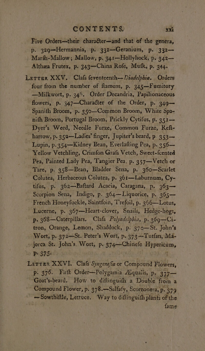 Five Orders—their charater—and that of the genera, p. 329—Hermannia, p. 331—Geranium, p. 332— Marfh-Mallow ; Mallow, p. 341—Hollyhock, p. 342— Althea Frutex, p. 343—-China Rofe, Mufk, p. 344. Letter XXV.: Clafs feventeenth— Diadelphia. Orders four from the number of flamens, p. 345—Fumitory —Milkwort, p. 346. Order Decandria, Papilionaceous flowers, p. 347—Character of the Order, p. 349— Spanifh Broom, p. 350—Common Broom, White Spa- ~ nith Broom, Portugal Broom, Prickly Cytifus, p. 351— Dyer’s Weed, Needle F urze, Common Furze, Refi- harrow, p. 352—Ladies’ finger, Jupiter’s beard, p 353—~ _ Lupin, p. 354—Kidney Bean, Everlafting Pea, p. 356— Yellow Vetchling, Crimfon Grafs Vetch, Sweet-f{cented Pea, Painted Lady Pea, Tangier Pea, p. 357—Vetch or Tare, p. 358—Bean, Bladder Sena, p. 360—Scarlet Colutea, Herbaceous Colutea, p. 361—Laburnum, Cy- tifus, p. 362—Baftard Acacia, Caragana, p. 363— Scorpion Sena, Indigo, p. 364—Liquorice, p. 365— French Honeyfuckle, Saintfoin, ei p. 366—Lotus, Lucerne, p. 367—Heart-clover, Snails, Hedge-hogs, p. 368—Caterpillars. Clafs Polyadelpbia, p. 369—Ci- tron, Orange, Lemon, Shaddock, p. 370—St. John’s Wort, p. 372—St. Peter’s Wort, p. 373 —Tutfan, Ma- jorca St. John’s. Wort, p. 374——Chinefe a Lae a iP 375+ Letter XXVI. Clafs’ Sicebia @ OF Compound Flowers, p. 376. Firft Order—Polygamia Aiqualis, p. 377— Goat’s-beard. How to diftinguifh a Double ‘from a ~ Compound Flower, p. 378.—Salfafy, Scorzonera, p. 379 —Sowthiftle, Lettuce. Way to sc plants of the fame
