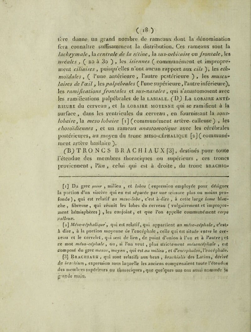 itère donne un grand nombre de rameaux dont la dénomination fera connaître suffisamment la distribution. Ces rameaux sont la lachrytnale, la centrale de la reline, la sus~orbiiaire ou jrontale, les uvêales , ( 20 à 3o ) , les iriennes ( communément et impropre- ment ciliaires , puisqu’elles n’ont aucun rapport aux cils ), les eth- mo'idales, ( l’une antérieure, l’autre postérieure ) , les muscu«• laircs de l'œil, les palpébrales ( l’une supérieure, l’autre inférieure), les ramijications frontales et sus-nasales , qui s’anastomosent avec les ramifications palpébrales de la labiale, (&) La lobaire anté- rieure du cerveau , et la lobaire moyenne qui se ramifient à la surface , dans les ventricules du cerveau , en fournissant la sous- lobaire, la meso lobaire [1] (communément artère-calleuse) , les çhoroidiennes , et un rameau anastomotique avec les cérébrales postérieures, au moyen du tronc meso-céi'Halique [2] (communé- ment artère basilaire ), (B) T R 0 N C S B R A C H I A ü X [3], destinés pour toute l’étendue des membres thoraciques ou supérieurs , ces troncs proviennent , l'un , celui qui est à droite , du tronc brachio* [1] Du grec fuser , milieu , et lobos ( expression employée pour désigner la portion d’un viscère qui en est séparée par une scissure plus ou moins pro- fonde), qui est relatif an mesc-lobe, c’est à-dire, à celte large lame blan- che , fibreuse , qui réunit les lobes du cerveau ( vulgairement et impropre- ment hémisphères} , les conjoint, et que l’on appelle communément cotps palleux. [2] Méso-céphalique , qui est relatif, qui appartient au méso-céphale, c’est* à dire , à la portion moyenne de l’encéphale , celle qui est située entre le cer- veau et le cervelet, qui sert de lien , de point d’union à l’un et à l’autre ; et ce mot méso-céphale , ou, si l’on veut, plus strictement mésencépluile , est composé du grec tnesos, moyen , qui estait milieu, et d'encéphales, l’encéphale. [3] Brachiaux , qui sont relatifs aux bras , hrachialis des Latins, dérivé jd.e brachium, expression sous laquelle les anciens comprenaient toute l’étendue des membres supérieurs ou thoraciques, que quelques uns ons aussi nommée I4 grande niajn.