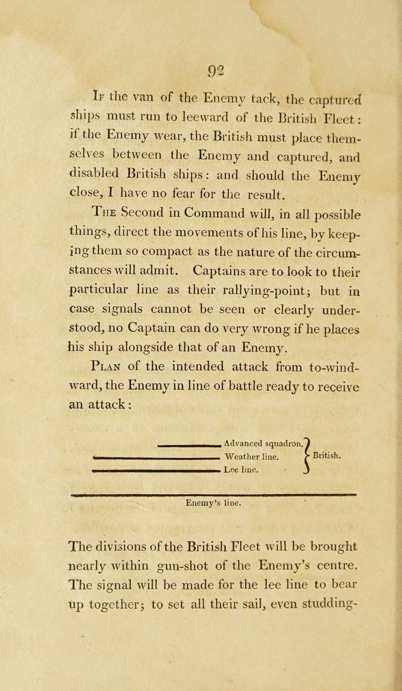 If the van of the Enemy tack, the captured ships must run to leeward of the British Fleet: if the Enemy wear, the British must place them- selves between the Enemy and captured, and disabled British ships: and should the Enemy close, I have no fear for the result. The Second in Command will, in all possible things, direct the movements of his line, by keep- ing them so compact as the nature of the circum- stances will admit. Captains are to look to their particular line as their rallying-point; but in case signals cannot be seen or clearly under- stood, no Captain can do very wrong if he places his ship alongside that of an Enemy. Plan of the intended attack from to-wind- ward, the Enemy in line of battle ready to receive an attack: Advanced squadron.y Weather line. r British. LCC line. 3 Enemy’s line. The divisions of the British Fleet will be brought nearly within gun-shot of the Enemy^s centre. The signal will be made for the lee line to bear up together^ to set all their sail, even studding-