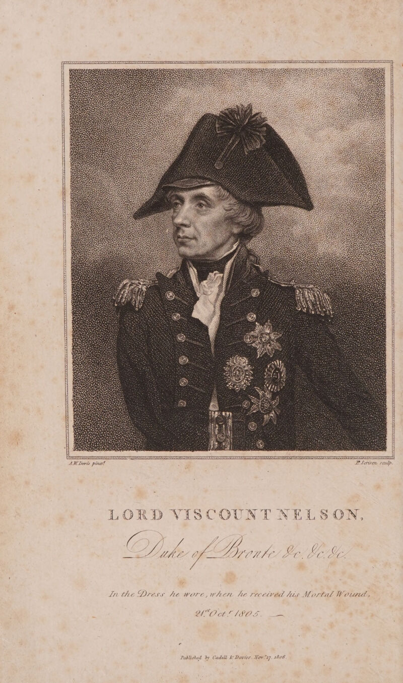 FE? Scrivew sculp. LORD VISCOUNT NELSON, ee LIL. 6, C EY s FA 4 Lithe Dress he wore,wher he recetved is Mortal Word, DW” OtlT IPOD. Published by Cadell &amp; Davies. Nov 7 1806