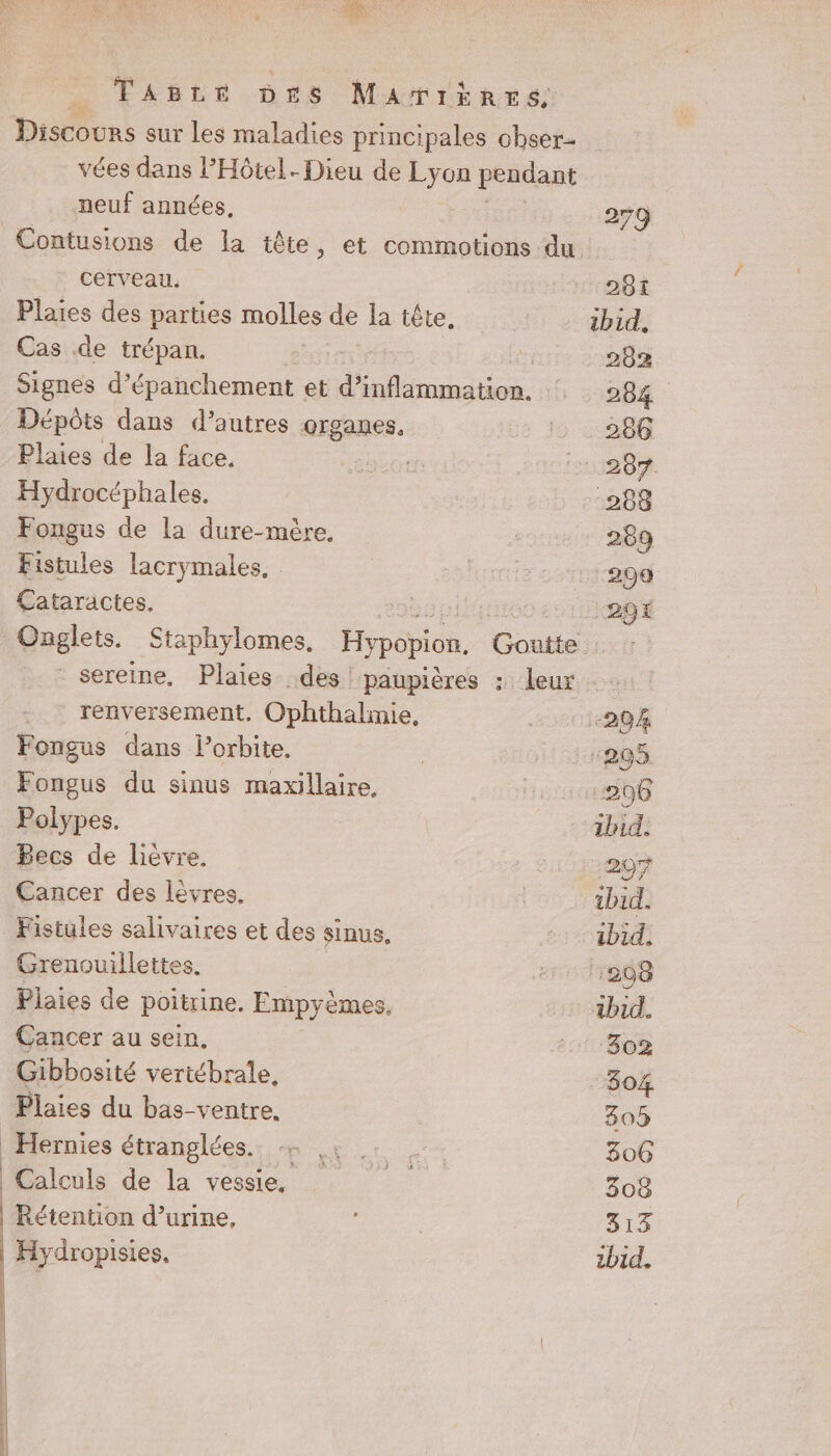 | | D D à TABLE DES Lars ave vées dans l’Hôtel-Dieu de Lyon pendant neuf années, cerveau. Plaies des parties molles de la tête. Cas .de trépan. Signes d’épanchement et définition. Dépôts dans d’autres organes, Plaies de la face. | Hydrocéphales. Fongus de la dure-mère. Fistules lacrymales. Cataractes. renversement. Ophthalinie, Fongus dans lorbite. Fongus du sinus maxillaire, Polypes. Cancer des lèvres. Fistules salivaires et des sinus, Grenouillettes. Piaies de poitrine. Empyèmes, Cancer au sein, Gibbosité vertébrale, Plaies du bas-ventre. Hernies étranglées. Rétention d’urine, Hydropisies, 279 281 2802 284 287. 288 269 290 ‘292 2 96 ibid. 207 tbid. 1bid. ‘208 302 304 309 806 308 313 zbid.