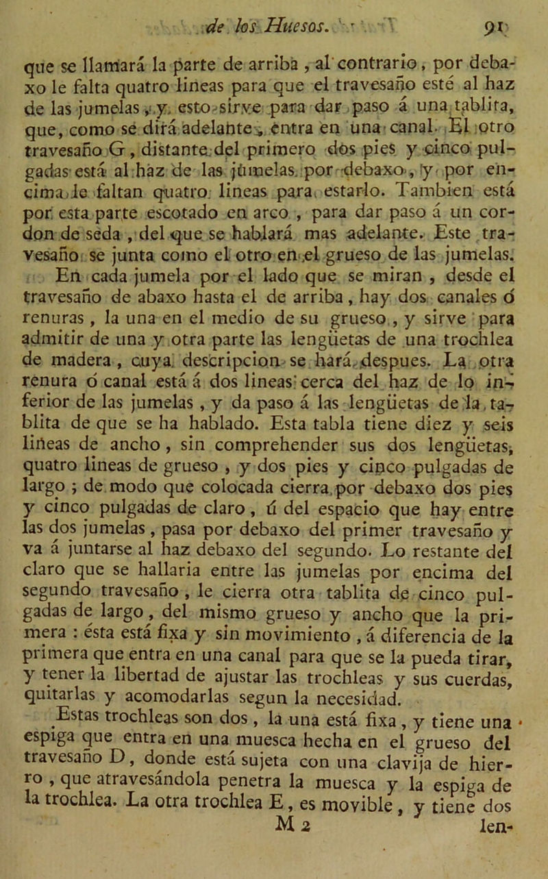 de los. Hnesos. ' ' ' pi- que se llamara la parte de arriba , al contrario, por deba- xo le falta quatro lineas para que el travesano este al haz de las jumelas y.y, esto-sirye para dar paso a una tablita, que, como se dira adelante „ entra en una canal. El otro travesano G, distante.del primero dos pies y cinco pul- gadas'esta- al haz de las jdimelas. por debaxo-, !y-por en- cima-le faltan quatro lineas para, estarlo. Tambien esta por esta parte escotado en arco , para dar paso a un cor- don de seda , del que se hablara mas adelante. Este tra- vesaho se junta como el otro en,el grueso de las jumelas. En cada jumela por el lado que se miran , desde el travesano de abaxo hasta el de arriba, hay dos canales o renuras , la una en el medio de su grueso , y sirve para admitir de una y otra parte las lengiietas de una trochlea de madera , cuya description se hard, despues. La otra renura o canal esta a dos lineas: cerca del haz de Io ind ferior de las jumelas , y da paso a las lengiietas de la.ta- blita de que se ha hablado. Esta tabla tiene diez y seis lineas de ancho , sin comprehender sus dos lengiietaSi quatro lineas de grueso , y dos pies y cinco pulgadas de largo ; de modo que colocada cierra.por debaxo dos pies y cinco pulgadas de claro, ii del espacio que hay entre las dos jumelas, pasa por debaxo del primer travesano y va a juntarse al haz debaxo del segundo. Lo restante del claro que se hallaria entre las jumelas por encima del segundo travesano , le cierra otra tablita de cinco pul- gadas de largo, del mismo grueso y ancho que la pri- mera : esta esta fixa y sin movimiento , a diferencia de la primera que entra en una canal para que se la pueda tirar, y tener la libertad de ajustar las trochleas y sus cuerdas, quitarlas y acomodarlas segun la necesidad. .Estas trochleas son dos , la una esta fixa, y tiene una • espiga que entra en una muesca hecha en el grueso del travesano D, donde esta sujeta con una clavija de hier- ro , que atravesandola penetra la muesca y la espiga de la trochlea. La otra trochlea E, es movible , y tiene dos M 2 len-