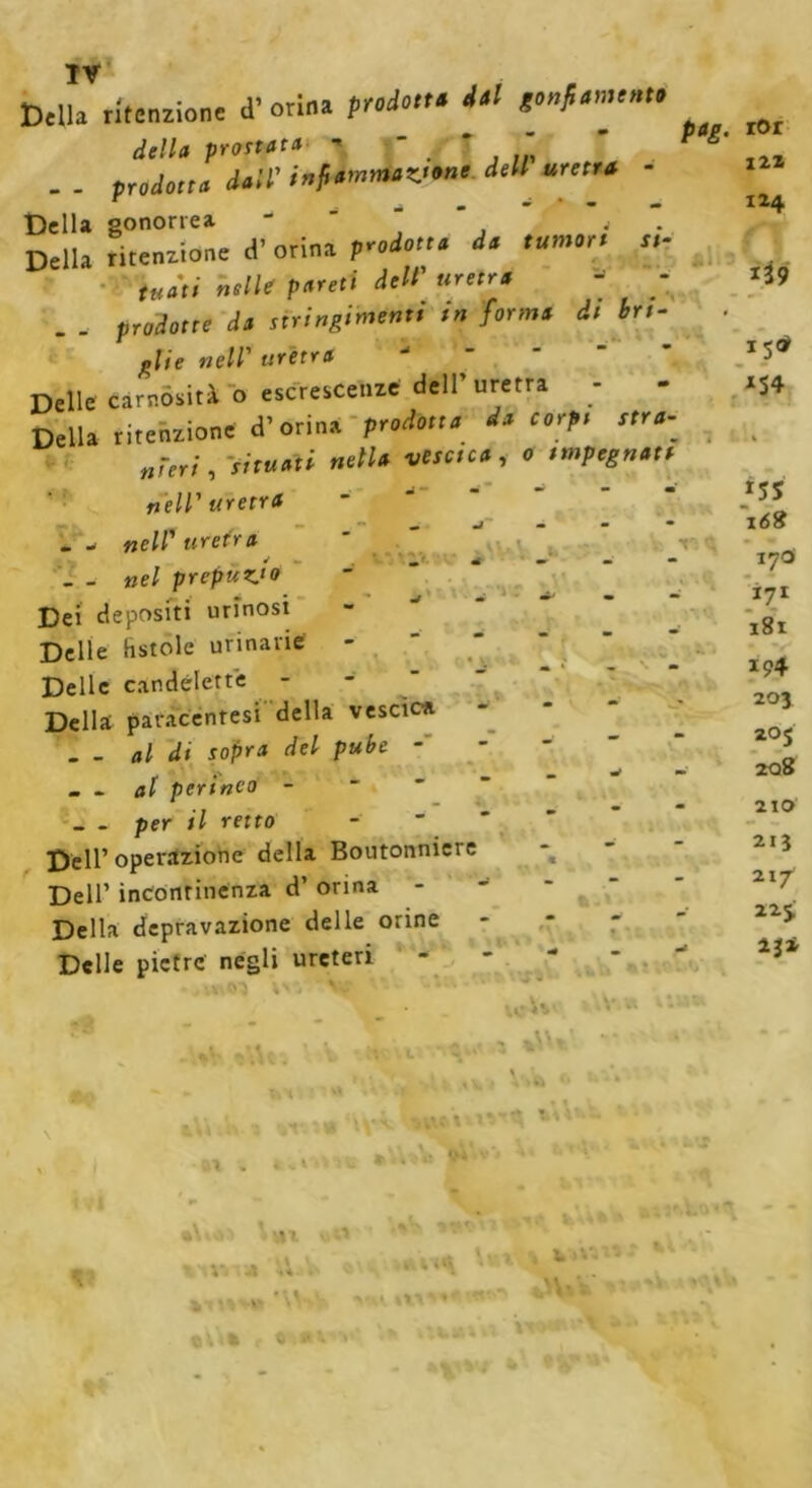 Della ritenzione «T orina prodotta dal gonfomtnto della provata - ‘ . ? '  P*S .. prodotta dall' infiammazjone dell uretra - Della gonorrea ' * , * V Della ritenzione d’ orina ^ tua'ti nelle pareti dell’ «mr, . . pr(,^rre da stringimenti in forma di bri- glie nell' uretra Delle carnosità o escrescenze dell’ uretra - - Della ritenzione d’orina prodotta da corpi stra-^ ni eri , situati nella vescica, 0 impegnati nell1 uretra _ - nell' uretra . - nel prepuzio Dei depositi urinosi Delle fistole urinarie - Delle candelette - * Della paracentesi della vescica . - al di sopra del pube - _ . al perineo - per il retto Dell’operazione della Boutonnière Dell’ incontinenza d’ orina - Della depravazione delle orine Delle pietre negli ureteri -, 'A _ o vt <5 U»àv .y.w klU :v n - „»• >U ,v*V^W 0 nVi , ‘u*< %• 4 » <■ '1 • r . «.».> :e **• •« • Vi A Va 1% » 'W ai « n 0V1» r 0 rOr 122 124 139 I5<7 154 *5S i6S 170 I?1 181 194 203 20 5 208 210 213 ZI/ 22J 23*