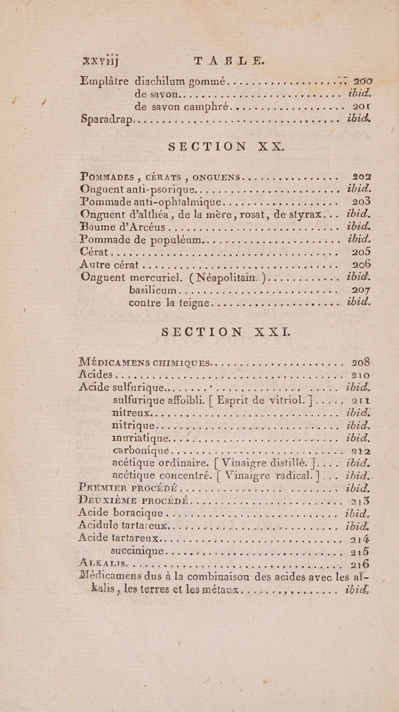 Emplâtre diachilum gommé...... D se pe OMR ÉVOLUE 7 eee PO STPI de savon camphré........ EN Eee) à POATÉCLTA DRM Eu en. RTE Héns cod Rte SECTION XX. PoMMADES , CÉRATS , ONGUENS....... nt et let TD Onguent anti-psorique........... Me 25e ee CU A Pommade anti-ophtalmique. . _— 2 LCR AE Reel CE Onguent d’althiéa, de la mère, rosat, de styrax. . . ibid. Haume'ATCCUS MER PE RARES ASP han VA de sp 2bid. Pommade de populéum......... Pere ie de ibid, PÉTAR ere id n AS rt tbe ren RE PREOT Autre sr Ds DONS CAS Lo PAM RNCS 206 Onguent mercuriel. (Néapolitain. ). RAT ibid. bañilicum Er ER ARS ee ANT SUN OO 7 conire la teigne tte BA CARRE ne RER DTE SECTION XXI. IMÉDICAMENS CHIMIQUES... .... SN RARE SE ST OS MOULES pr EnRer RS SONO Re de elite Re 1e de NE 210: Acide sulfurique. À RE nm me ae Les ibid, sulfurique affoibli. Le Esprit de vitriol. j..... 211 niTeUX, Lee PR RE ANRT ia se M 1bid, ITU ARR EN NME PAT c'e ibid. TA IRIOEs e ne ac ES ile ie M ae 101. CaTDOMIQUES Le tr nee D EE Ar dm 212 acétique ordinaire. [ Vinaigre distillé. ].... 1bid. acctique concentré. | Vinaigre radical. |... ibid. PRDMTER PROCEDE 2 OU UE TS TAN RERR 1bid, HJÉUXIEME-FROCÉDE: LU EL RL SOC AD ASS Aide boraciqies meet ie US EE ibid. Aoidulc tértarcuer I. A SET US Arr. 0 TOUR Acide tartareux........ LETTRE Re LI ACT RL CE Ie RE AR 7 Ci À RE ET ET PDR A ETS TDi S as TT ANT NOR MES CLEO PERTE . 216 Médicamens dus à la combinaison des acides avec les al- kalis , les terres et les métaux. ......,...,.,.. ibid,