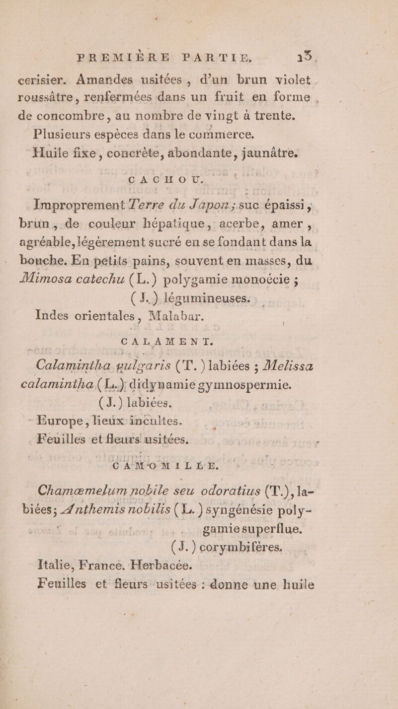 cerisier. Amandes usitées, d’un brun violet. roussâtre, renfermées dans un fruit en forme, de concombre, au nombre de vingt à trente. Plusieurs espèces dans le commerce. Huile fixe, concrète, pet né jaunâtre. CACHO U. Improprement Terre du J apon; suc épaissi, brun, de couleur hépatique, acerbe, amer , agréable, lésèrement sucré en se fondant dans la bouche. En petits pains, souvent en masses, du Mimosa catechu (L.) polygamie monoécie ; ( 3.) légumineuses. Indes orientales , Malabar. CALAMENT. Dre gülraris ei ) labiées ; Meneaa calamintha (Li) didynamie gymnospermie. (J.) labiées. Europe, lieux incultes. Feuilles et fleurs usitées. éimomissr Chamæmelum nobile seu odoratius (T.), la- biées; Znthemis nobilis (L.) syngénésie poly- | | gamie superflue, ( 3.) corymbifères. Italie, France. Herbacée. Feuilles et fleurs ‘usitées : donne une huile
