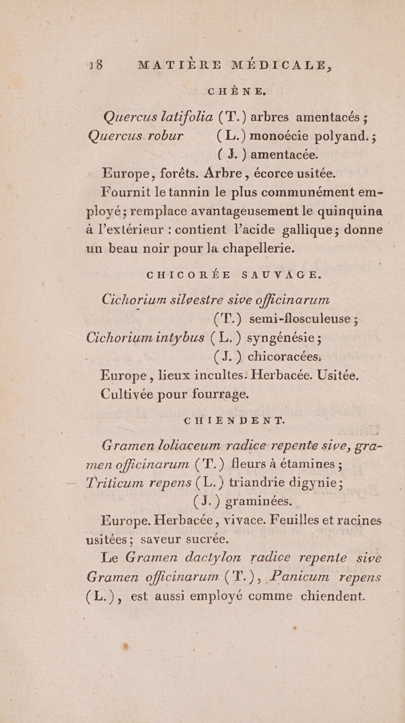 CHÈNE. Quercus latifolia (T.) arbres amentacés ; Quercus robur (L.) monoécie polyand. ; ( 3. ) amentacée. Europe, forêts. Arbre, écorce usitée. Fournit le tannin le plus communément em- ployé; remplace avantageusement le quinquina à l’exlérieur : contient l’acide gallique ; donne un beau noir pour la chapellerie. CHICORÉE SAUVACE. Cichorium silvestre sive officinarum (T.) semi-flosculeuse ; Cichorium intybus (L.) syngénésie ; (TJ. ) chicoracées: Europe, lieux incultes: Herbacée. Usitée. Cultivée pour fourrage. CHIENDENT. Gramen loliaceum radice repente sive, gra- men officinarum (T'.) fleurs à étamines ; Triticum repens (L.) triandrie digynie; Q , (J.) graminées. Europe. Herbacée, vivace. Feuilles et racines usitées; saveur sucrée. Le Gramen dactylon radice repente sive Gramen officinarum ('Y.), Panicum repens (L.), est aussi employé comme chiendent.