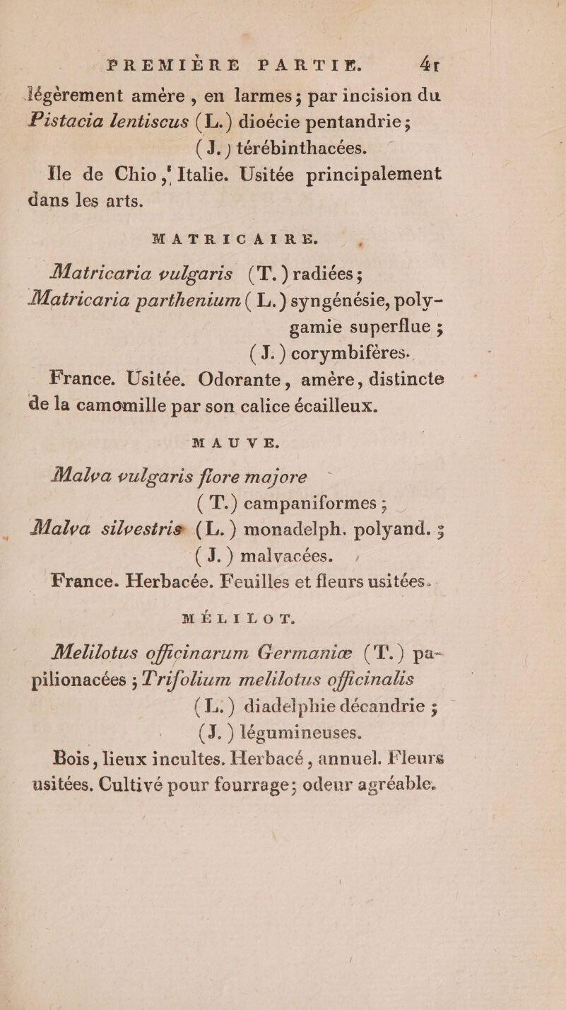 Jégèrement amère , en larmes; par incision du Pistacia lentiscus (L.) dioécie pentandrie ; (3. ) térébinthacées. Île de Chio ‘Italie. Usitée principalement dans les arts. MATRICAIRE. Matricaria vulgaris (T.)radiées; Matricaria parthenium ( L.) syngénésie, poly- | | gamie superflue ; (J.) corymbiféres. France. Usitée. Odorante, amère, distincte de la camomille par son calice écailleux. MAUVE. Malya vulgaris flore majore (T.) campaniformes ; Malva silvestria (L.) monadelph. polyand. ; (J.) malvacées. , France. Herbacée. Feuilles et fleurs usitées.. MÉLILOT. Melilotus officinarum G'ermaniæ (T.) pa- pilionacées ; T'rifolium melilotus officinalis (I) diadelphie décandrie ; (TJ. ) légumineuses. Bois, lieux incultes. Herbacé , annuel. Fleurs usitées. Cultivé pour fourrage; odeur agréable.