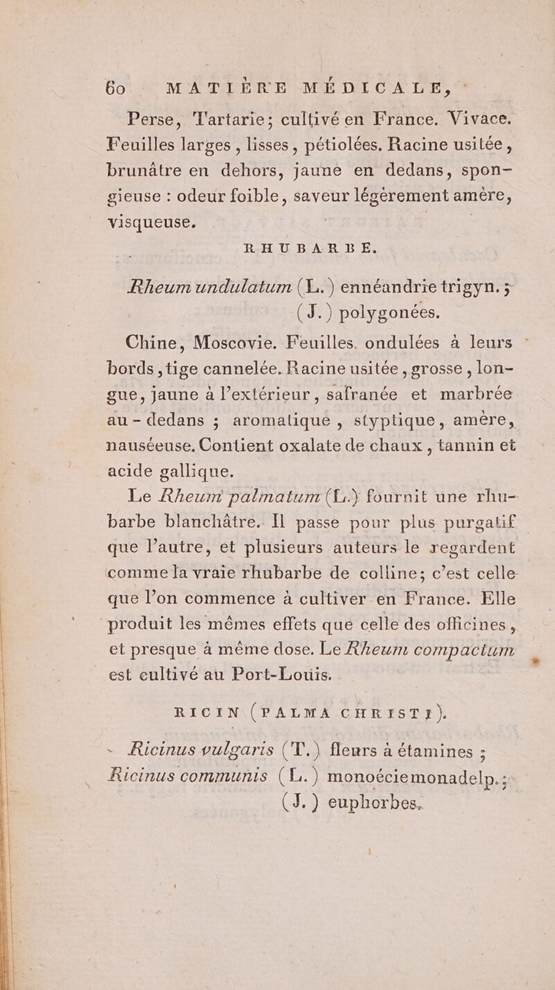Perse, T'artarie; cultivé en France. Vivace. Feuilles larges, lisses, pétiolées. Racine usitée, brunâtre en dehors, jaune en dedans, spon- gieuse : odeur foible, saveur légèrement amèére, visqueuse. | | | RHUBARBE. Rheum undulatum (X.) ennéandrie trigyn. ; (J.) polygonées. Chine, Moscavie. Feuilles. ondulées à leurs bords , tige cannelée. Racine usitée ,grosse , lon- gue, jaune à l’extérieur, safranée et marbrée au - dedans ; aromatique , styptique, amère, nauséeuse. Contient oxalate de chaux, tannin et acide gallique. Le Rheurm palmatum (E} fournit une rhu- barbe blanchâtre. Il passe pour plus purgatif que l’autre, et plusieurs auteurs le regardent ‘comme la vraie rhubarbe de colline; c’est celle. que l’on commence à cultiver en France. Elle produit les mêmes effets que celle des officines, et presque à même dose. Le Rhewm compactum est cultivé au Port-Louis. RICIN (PALMA CHRISTH). - Ricinus vulgaris (T.) fleurs à étamines ; Ricinus communis (L.) monoéciemonadelp.: (J.) euphorbes.
