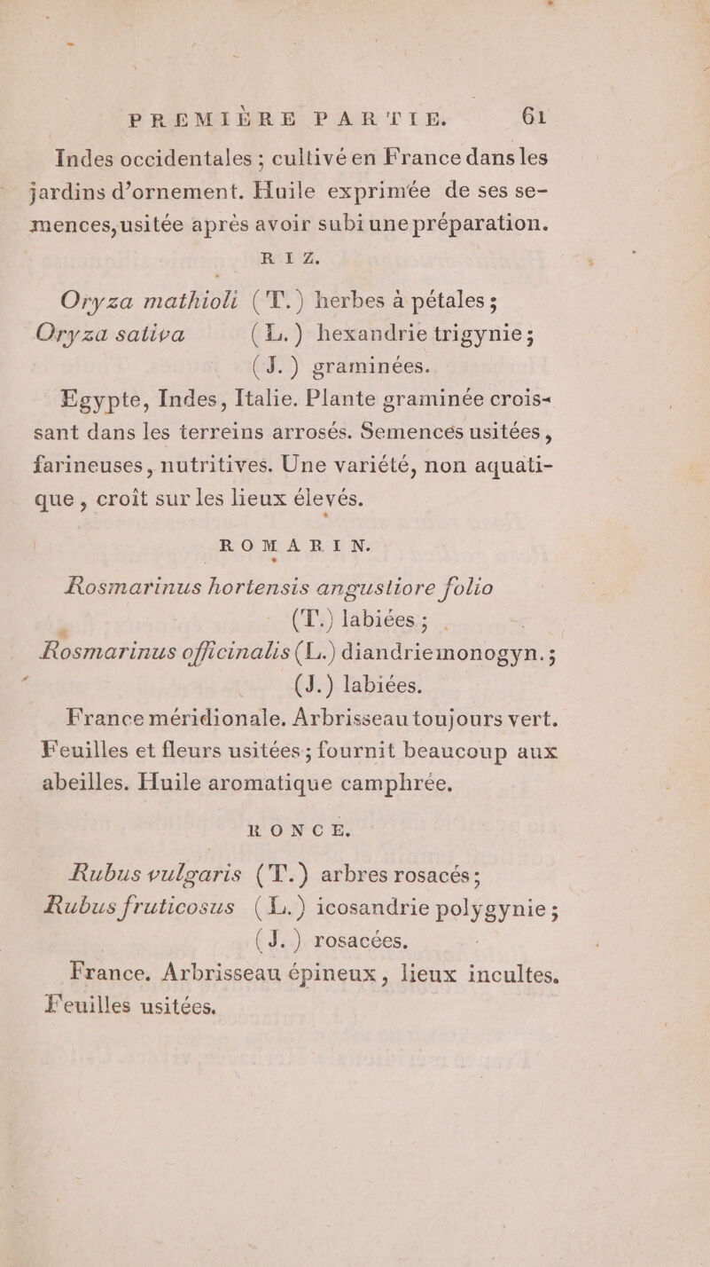 Indes occidentales ; cultivé en France dansles jardins d'ornement. Huile exprimée de ses se- mences,usitée après avoir subiune préparation. RAI Z. Oryza mathioli ('T.) herbes à pétales ; Oryza sativa (4) hexandrie trigynie; (J.) graminées. Egypte, Indes, Italie. Plante graminée crois&lt; sant dans les terreins arrosés. Semences usitées, farineuses, nutritives. Une variété, non aquati- que , croit sur les lieux élevés. ROMARI N. Rosmarinus hortensis angustiore folio g (T'.) labiées ; es Rosmarinus officinalis(L.) diandriemonogyn.; (J.) labiées. France méridionale, Arbrisseau toujours vert. Feuilles et fleurs usitées; fournit beaucoup aux abeilles. Huile aromatique camphrée. # RONCE. Rubus vulgaris (T.) arbres rosacés; Rubus fruticosus (1.) icosandrie polygynie ; (JS. ) rosacées. France. Arbrisseau épineux, lieux incultes. l'euilles usitées.
