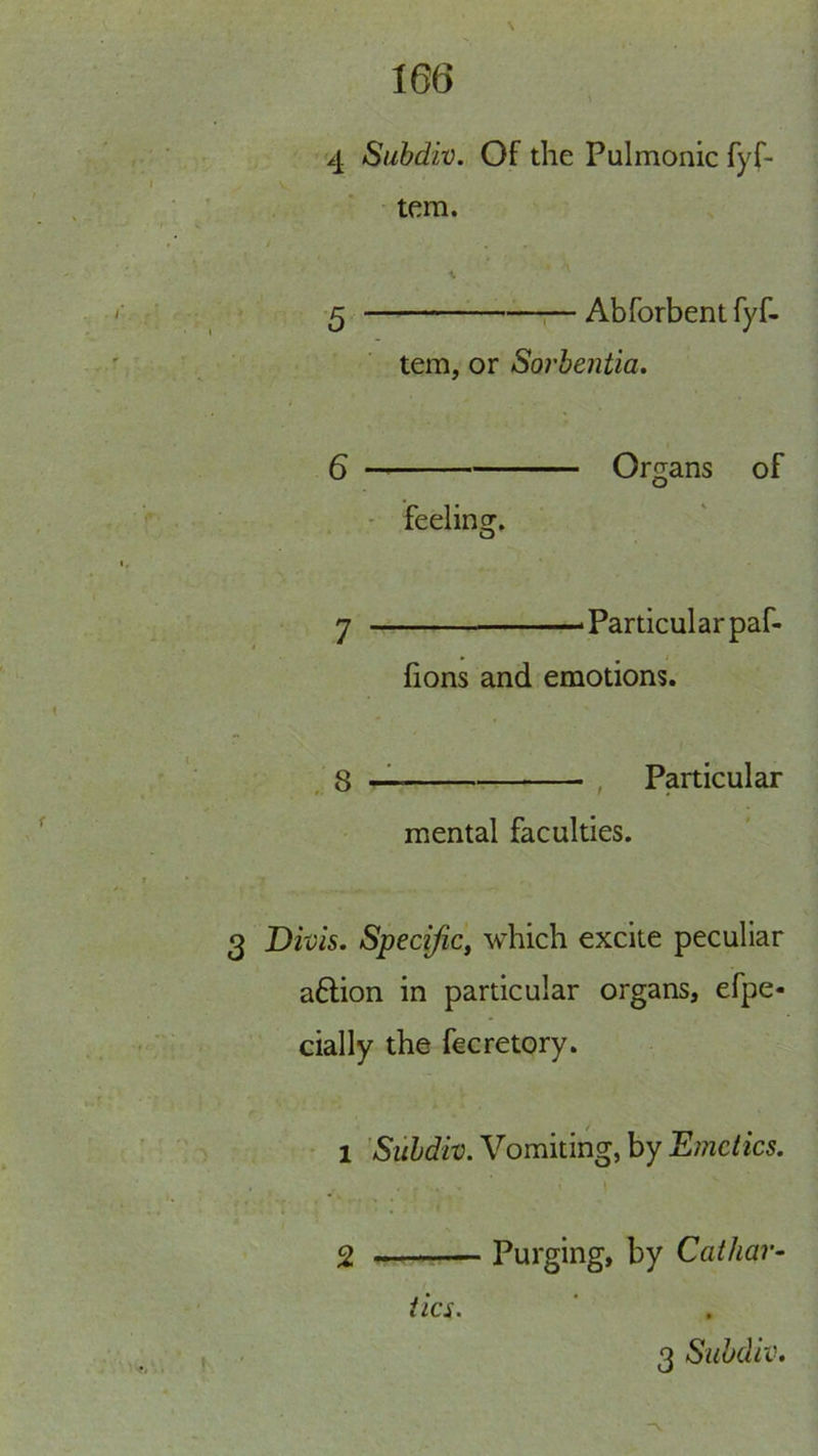 4 Subdiv. Of the Pulmonic fyf- tem. \ Q —;— Abforbent fyf- tem, or Sorhentia. 6 Organs of - feeling, 7 ■ Particularpaf- fions and emotions. 3 J ^ Particular mental faculties. Divis, Specific, which excite peculiar a6Hon in particular organs, efpe- dally the fecretory. 1 'Sithdiv. Vomiting, by Emetics. 2 — Purging, by Cathar- tics. 3 Subdiv.