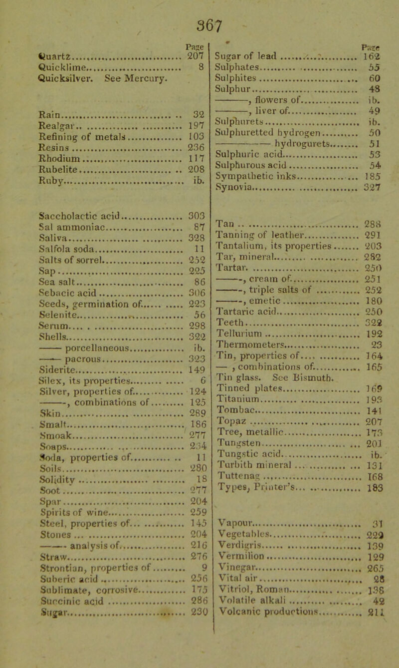 Quartz...., Quicklime Quicksilver. See Mercury. Rain Realgar Refining of metals Resins Rhodium Rubelite Ruby Saccholactic acid Sal ammoniac Saliva Salfola soda Salts of sorrel Sap Sea salt Sebacic acid Seeds, germination of.... Selenite Serum Shells porcellaneous —— pacrous Siderite Silex, its properties Silver, properties of. , combinations of. Skin Smalt Smoak Soaps Soda, properties cf. Soils Solidity Soot Spar Spirits of wine i Steel, properties of Stones analysis of Straw Strontian, properties of Suberic acid Sublimate, corrosive.... Succinic acid Sugar Page Sugar of lead 162 Sulphates 55 Sulphites ... 60 Sulphur 48 , flowers of ib. , liver of. 49 Sulphurets ib. Sulphuretted hydrogen 50 hydrogurets 51 Sulphuric acid 53 Sulphurous acid 54 Sympathetic inks 185 Synovia 327 Tan 288 Tanning of leather 291 Tantalium, its properties 203 Tar, mineral 282 Tartar 250 , cream of.. 251 , triple salts of 252 , emetic 180 Tartaric acid 250 Teeth 322 Tellurium 192 Thermometers 23 Tin, properties of.... 164 — , combinations of. 165 Tin glass. See Bismuth. Tinned plates 169 Titanium 193 Tombac 141 Topaz 207 Tree, metallic I73 Tungsten 201 Tungstic acid ib. Turbith mineral 131 Tuttenag.., 168 Types, Printer’s 183 Vapour 31 Vegetables 229 Verdigris 139 Vermilion 129 Vinegar, 265 Vital air 28 Vitriol, Roman ]3g Volatile alkali 42 Volcanic productions 211 Page 207 8 32 197 103 236 117 208 ib. 303 87 328 11 252 225 86 306 223 56 298 322 ib. 323 149 6 124 125 289 186 277 234 11 280 18 277 204 259 145 204 216 , 276 9 256 . 175 , 286 . 230