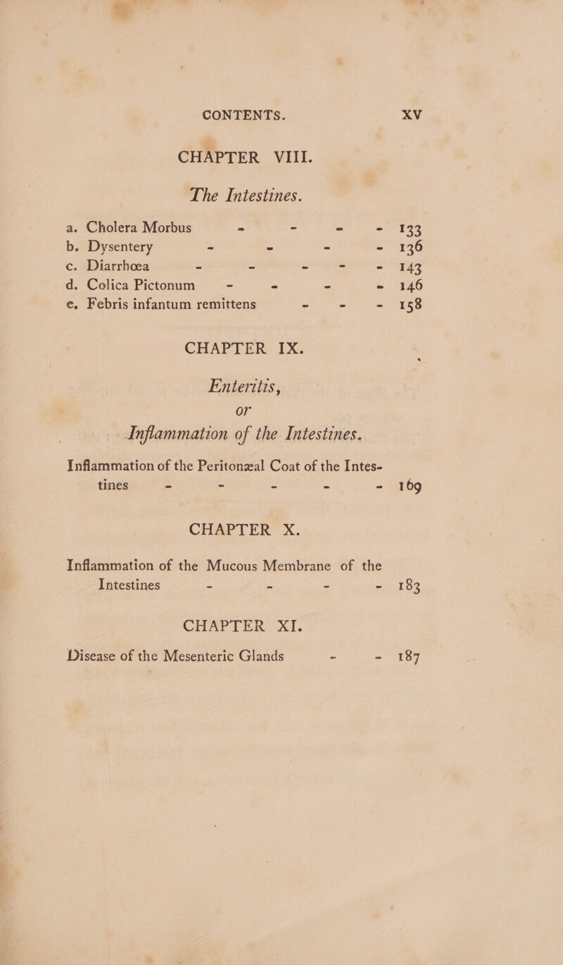 CHAPTER VIII. The Intestines. a. Cholera Morbus = - - - 133 b. Dysentery ~ - - - 136 c. Diarrhoea ~ ~ ii ir aA AN d. Colica Pictonum - - - - 146 e. Febris infantum remittens - © = 158 CHAPTER IX. Enteritis, or Inflammation of the Intestines. Inflammation of the Peritonzal Coat of the Intes- tines - - - - - 169 CHAPTER’ X. Inflammation of the Mucous Membrane of the Intestines - - - ae a3 CHAPTER XI. Disease of the Mesenteric Glands - - 187