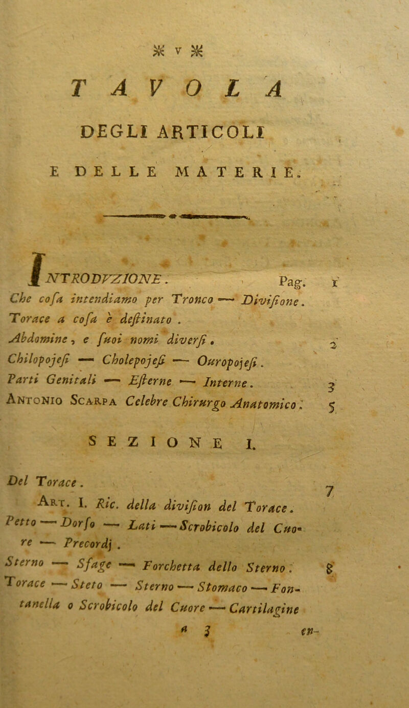 TAVOLA DEGLI ARTICOLI . / 1 . E DELLE MATERIE t I 2 NTRODVZIONE. , pag. Che co fa intendiamo per Tronco Divifione. Torace a co fa e deftìnato . Abdomine, e fuoi nomi diverfi. Chilopojefe — Cholepojefi •— Ouropo]efi. Parti Genitali — Efterne •— Interne. 3 Antonio Scarpa Celebre Chirurgo Anatomico'. 5 • \ ■ / v SEZIONE I. • f £>^/ Torace. ^ Art. I, della divifon del Torace. ietto Dorfo — Lati Scrobicolo del Cuo* re — Precordj . Sterno Sfage Forchetta dello Sterno : g Torace Steto — Sterno —— Stomaco Fon^ tane Ila 0 Scrobicolo del Cuore — Cartilagine * ì en-