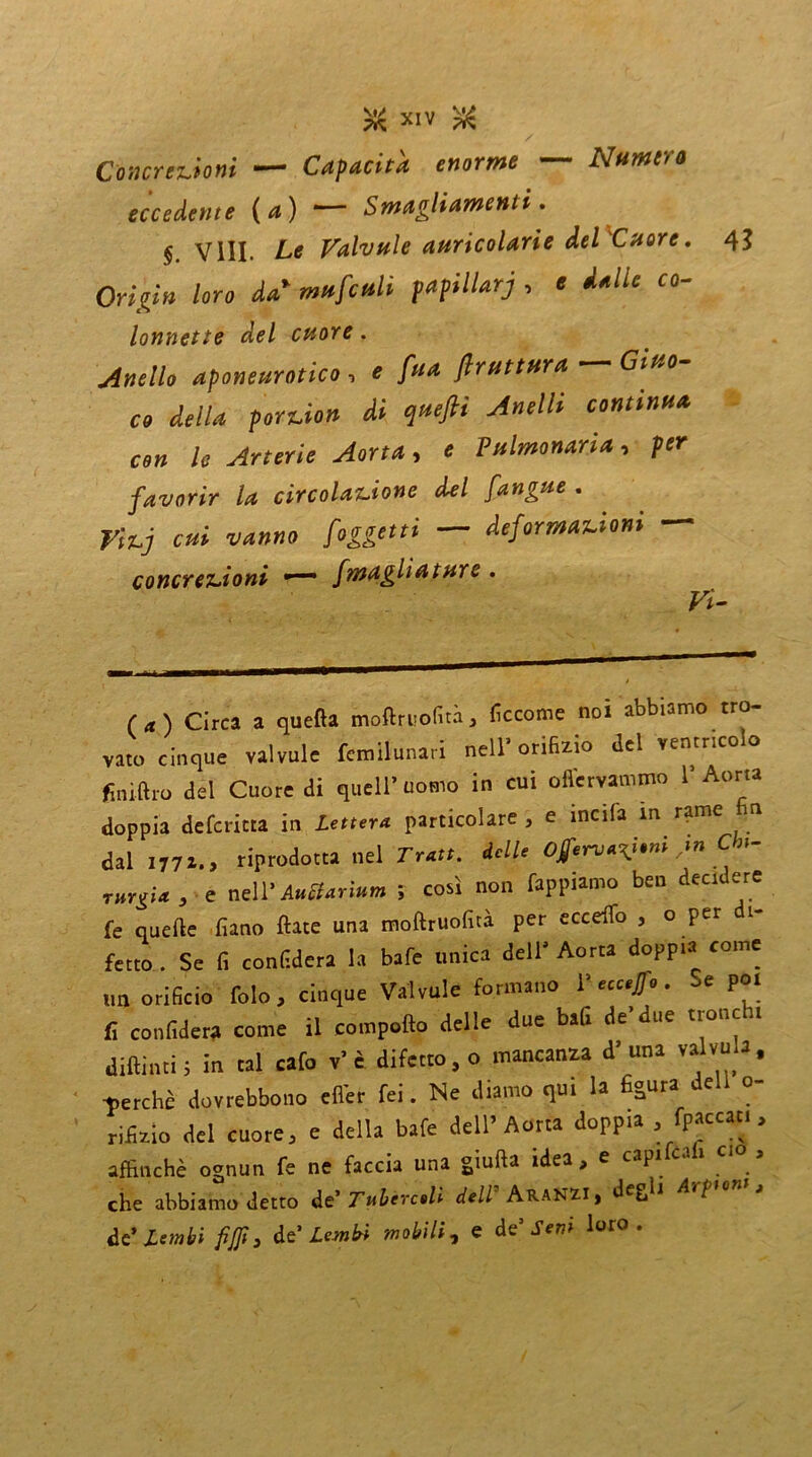 Concrezioni — Capacita enorme — Numero eccedente {a) Smagliamenti, $ Vili. Le Valv ul e auricolari e del 'Cuore. 42 On>'« /oro WcWf papillarj , e co~ lonnette del cuore. Anello aponeurotico ■> * jlruttura Giuo- co della porzion di quefti Anelli continua con le Arterie Aorta, e? Pulmonaria, per favorir la circolazione del [angue . Fizj cui vanno [oggetti — deformazioni — concrezioni ■— [magli a tur e . Vi- ta) Circa a quella moftruofità, ficcome noi abbiamo tro- vato cinque valvole femilunari nell’orifizio del ventricolo finiftro del Cuore di quell’uomo in cui curvammo l’Aorta doppia defcritta in Lettera particolare , e incila m rame n dal im., riprodotta nel Tratt. delle Ojfervay»ni m C»- rurgU, e nell’ AuZtarmm ; così non Tappiamo ben decidere fe quelle lìano fiate una moftruofità per eccefto 5 o per 1 fetto . Se fi confiderà la baie unica dell’ Aorta doppia come un orificio folo, cinque Valvole formano V eccejfo. Se poi fi confiderà come il compatto delle due bali de'due tronchi dittimi i in tal calo v’è difetto, o mancanza d’una valva.a, -perchè dovrebbe.» eflir fei. Ne diamo qui la figura dell o- rifizio del cuore, e della bafe dell’Aorta doppia , fpaccar., affinchè ognun fe ne faccia una giuda idea , e capi c- > c,° ’ che abbiamo detto de' Farcii d.W Acanzi, degli Arpon,, de’lembi flfli , de’ Lembi mobili, e de’ Seni loro.