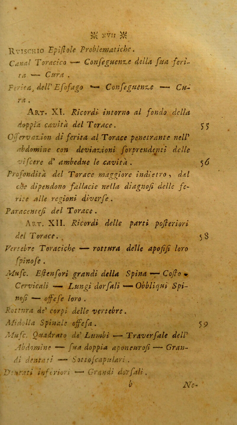 Rvischìo Epìfìote Problematiche. Carnai Toracico — Conscguente della fasi feri- ta — Cura . Ferita, delV Efofago Confegiunte —— Cu- ra . Art. XI. Ricordi intorno al fondo della doppia cavita del Torace. Ojjervation di ferita al Torace penetrante nelP ab domine coti deviazioni forprendenti delle vi [cere d’ ambedue le cavita . Profondità del Torace màppiore indietro , dal J oo che dipendono fallacie nella diagnoji delle fe- rite alle regioni diverfe. Paracentcji del Torace. Art. XII. Ricordi delle parti posteriori del Torace. * i ,L Vertebre Toraciche — rottura delle apofifi loro fpinofe . Mufc. Efcnforì grandi della Spina —• Coflo » Cervicali — Lungi dor[ali —• Obbliqui Spi- no/i — /oro . Lettura de' corpi delle vertebre. Ali dj II a Spinale offe fa . Alale. Quadrato dP Ltttnbi ■— Traverfale delP Abdomine —- fua doppia aponeurofi — Gran- di dentati — Sottofcapulari . Dorati inferiori —- Grandi dorfall b Ne