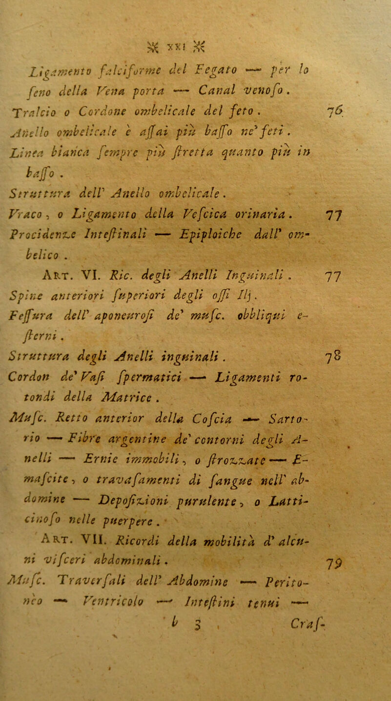 & xx! rii Lìga mento falciforme del Fegato «— /»«* lo feno della Vena porta — Canal venofo. Anello ombelicale c affai piu baffo ne* feti. Linea bianca fempre pui /eretta quanto piu in baffo . Struttura deW Anello ombelicale. V aco , o Legamento della Vcfcica orinaria. 77 Precidente Inteftinali — Epìploiche dall' om- belico . Art. VI. Rie. degli Anelli Inguinali . 77 Spin£ anteriori fuperiori degli off IIj. Feffura dell’ aponeurofi de' mufe. obblìqui e~ ficrni . Struttura degli Anelli inguinali. 78 Cordoli de'Va fi fpermatici — Legamenti ro- tondi della Matrice . Mufc. Retto anterior della Cofcia —- Sarto- rio —— Fibre argentine de' contorni degli ti- nelli — Ernie immobili, 0 firottatcE- mafeite, 0 travafamenti di fangue nell' ab- domine — Depofitioni purulente, 0 Latti- cinofo nelle puerpere. , Art. VII. Ricordi della mobilita d'alcu- ni vifcerì abdominali. yp Mufc. Tr averfiali dell' Ab domine —— Perito- neo — Ventricolo Intéfiini tenui — ’ b 3 . Craf- È