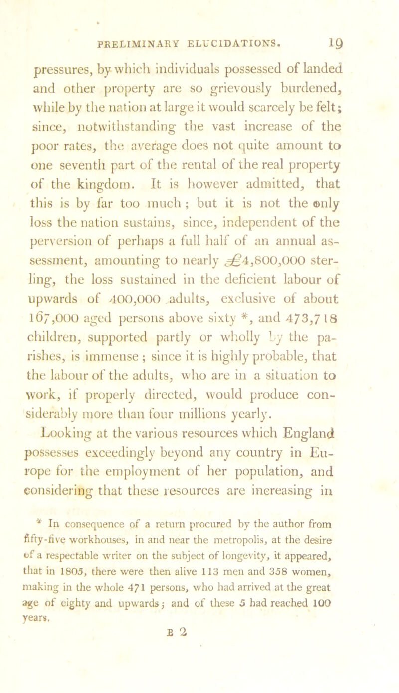 pressures, by which individuals possessed of landed and other property are so grievously burdened, while by the nation at large it would scarcely be felt; since, notwithstanding the vast increase of the poor rates, the average does not quite amount to one seventh part of the rental of the real property of the kingdom. It is however admitted, that this is by far too much ; but it is not the ©nly loss the nation sustains, since, independent of the perversion of perhaps a full half of an annual as- sessment, amounting to nearly ^4,800,000 ster- ling, the loss sustained in the deficient labour of upwards of 400,000 adults, exclusive of about 167,000 aged persons above sixty *, and 473,718 children, supported partly or wholly by the pa- rishes, is immense ; since it is highly probable, that the labour of the adults, who are in a situation to work, if properly directed, would produce con- siderably more than four millions yearly. Looking at the various resources which England possesses exceedingly beyond any country in Eu- rope for the employment of her population, and considering that these resources are increasing in * In consequence of a return procured by the author from fifty-five workhouses, in and near the metropolis, at the desire of a respectable writer on the subject of longevity, it appeared, that in 1805, there were then alive 113 men and 358 women, making in the whole 471 persons, who had arrived at the great age of eighty and upwards and of these 5 had reached 100 years.