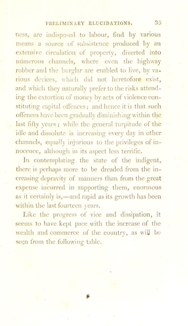 ness, are indisposed to labour, find by various means a source of subsistence produced by an extensive circulation of property, diverted into numerous channels, where even the highway robber and the burglar are enabled to live, by va- rious devices, which did not heretofore exist, and which they naturally prefer to the risks attend- ing the extortion of money by acts of violence con- stituting capital offences; and hence it is that such offences have been gradually diminishing within the last fifty years ; while the general turpitude of the idle and dissolute is increasing every day in other channels, equally injurious to the privileges of in- nocence, although in its aspect less terrific. In contemplating the state of the indigent, there is perhaps more to be dreaded from the in- creasing depravity of manners than from the great expense incurred in supporting them, enormous as it certainly is,—and rapid as its growth has been within the last fourteen years. Like the progress of vice and dissipation, it seems to have kept pace with the increase of the wealth and commerce of the country, as will be seen from the following table. f