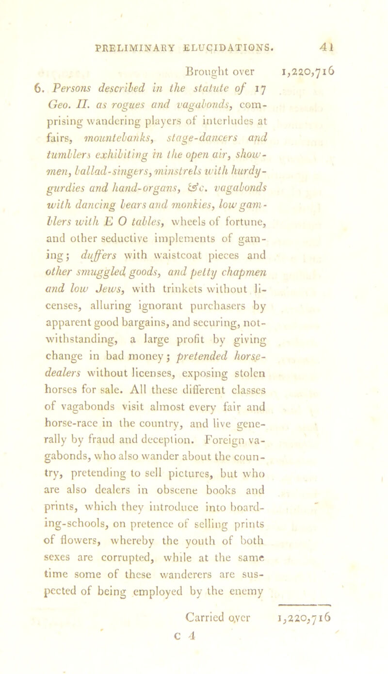Brought over 6. Persons described in the statute of 17 Geo. II. as rogues and vagabonds, com- prising wandering players of interludes at fairs, mountebanks, stage-dancers and tumblers exhibiting in the open air, show- men, ballad-singers, minstrels ivith hurdy- gurdies and hand-organs, &c. vagabonds with dancing bears and monkies, low gam- blers with E 0 tables, wheels of fortune, and other seductive implements of gam- ing; duffers with waistcoat pieces and other smuggled goods, and petty chapmen and low Jews, with trinkets without li- censes, alluring ignorant purchasers by apparent good bargains, and securing, not- withstanding, a large profit by giving change in bad money; pretended horse- dealers without licenses, exposing stolen horses for sale. All these different classes of vagabonds visit almost every fair and horse-race in the country, and live gene- rally by fraud and deception. Foreign va- gabonds, who also wander about the coun- try, pretending to sell pictures, but who are also dealers in obscene books and prints, which they introduce into board- ing-schools, on pretence of selling prints of flowers, whereby the youth of both sexes are corrupted, while at the same time some of these wanderers are sus- pected of being employed by the enemy Carried o.vcr C 4 1,220,716 1,220,716