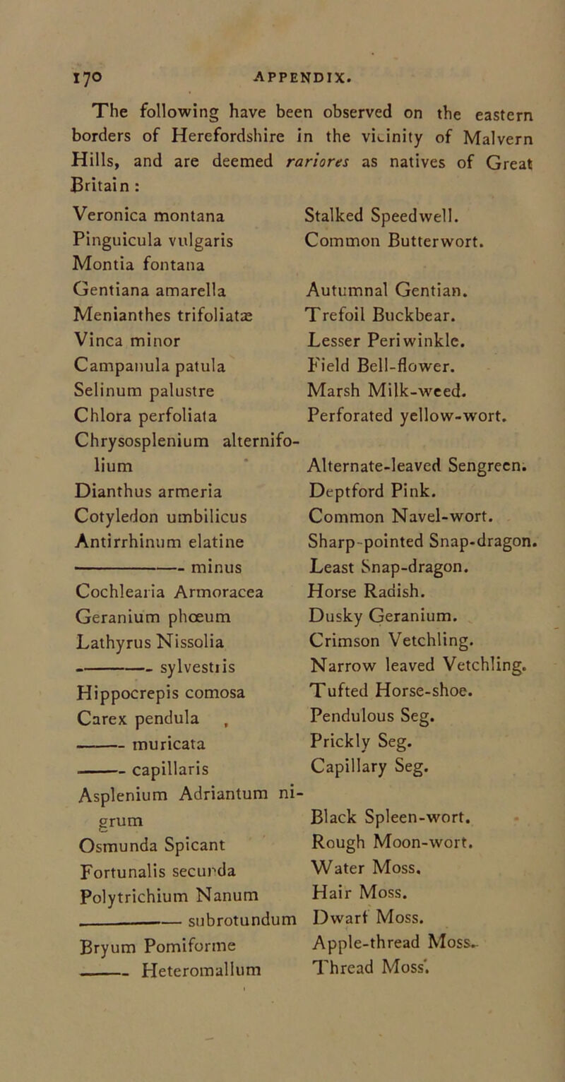 The following have been observed on the eastern borders of Herefordshire in the vicinity of Malvern Hills, and are deemed rariores as natives of Great Britain : Veronica montana Pinguicula vulgaris Montia fontana Gentiana amarella Menianthes trifoliatae Vinca minor Campanula patula Selinum palustre Chlora perfoliata Chrysosplenium alternifo- lium Dianthus armeria Cotyledon umbilicus Antirrhinum elatine minus Cochlearia Armoracea Geranium phoeum Lathyrus Nissolia sylvestiis Hippocrepis comosa Carex pendula muricata capillaris Asplenium Adriantum ni- grum Osmunda Spicant Fortunalis securda Polytrichium Nanum — subrotundum Bryum Pomiforme Pleteromallum Stalked Speedwell. Common Butterwort. Autumnal Gentian. Trefoil Buckbear. Lesser Periwinkle. Field Bell-flower. Marsh Milk-weed. Perforated yellow-wort. Alternate-leaved Sengrecn. Deptford Pink. Common Navel-wort. Sharp- pointed Snap-dragon. Least Snap-dragon. Horse Radish. Dusky Geranium. Crimson Vetchling. Narrow leaved Vetchling. Tufted Horse-shoe. Pendulous Seg. Prickly Seg. Capillary Seg. Black Spleen-wort. Rough Moon-wort. Water Moss, Hair Moss. Dwart Moss. Apple-thread Moss- Thread Moss'.