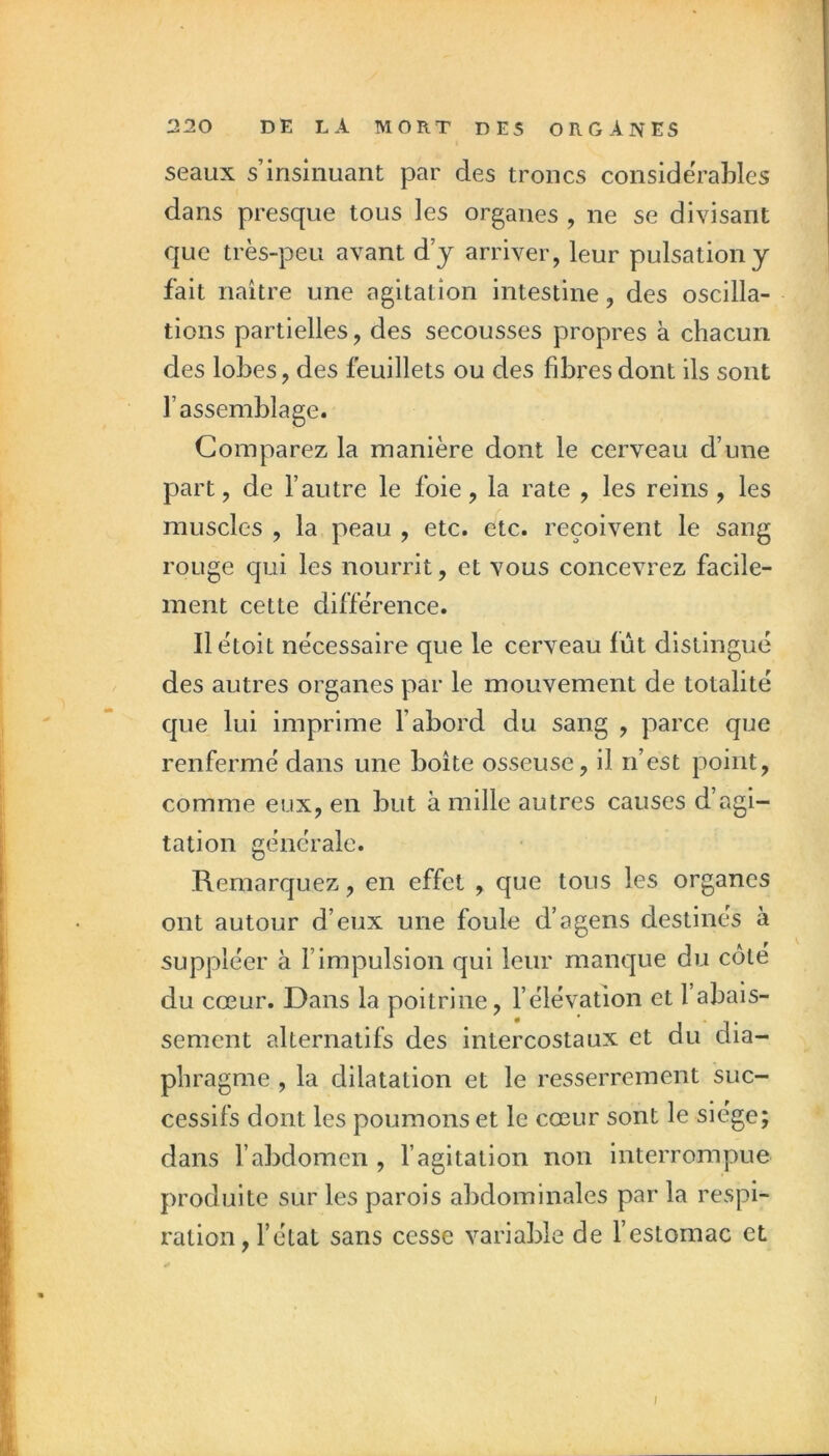 seaux s’insinuant par des troncs considëraMes dans presque tous les organes , ne se divisant que très-peu avant d’y arriver, leur pulsation y fait naître une agitation intestine, des oscilla- tions partielles, des secousses propres à chacun des lobes, des feuillets ou des fibres dont ils sont l’assemblage. Comparez la manière dont le cerveau d’une part, de l’autre le foie, la rate , les reins , les muscles , la peau , etc. etc. reçoivent le sang rouge qui les nourrit, et vous concevrez facile- ment cette différence. Il ëtoit nécessaire que le cerveau fût distingué des autres organes par le mouvement de totalité que lui imprime l’abord du sang , parce que renfermé dans une boîte osseuse, il n’est point, comme eux, en but à mille autres causes d’agi- tation générale. Remarquez, en effet , que tous les organes ont autour d’eux une foule d’agens destinés à suppléer à l’impulsion qui leur manque du côté du cœur. Dans la poitrine, l’élévation et 1 abais- sement alternatifs des intercostaux et du dia- phragme , la dilatation et le resserrement suc- cessifs dont les poumons et le cœur sont le siège; dans l’abdomen , l’agitation non interrompue produite sur les parois abdominales par la respi- ration, l’état sans cesse variable de l’estomac et I