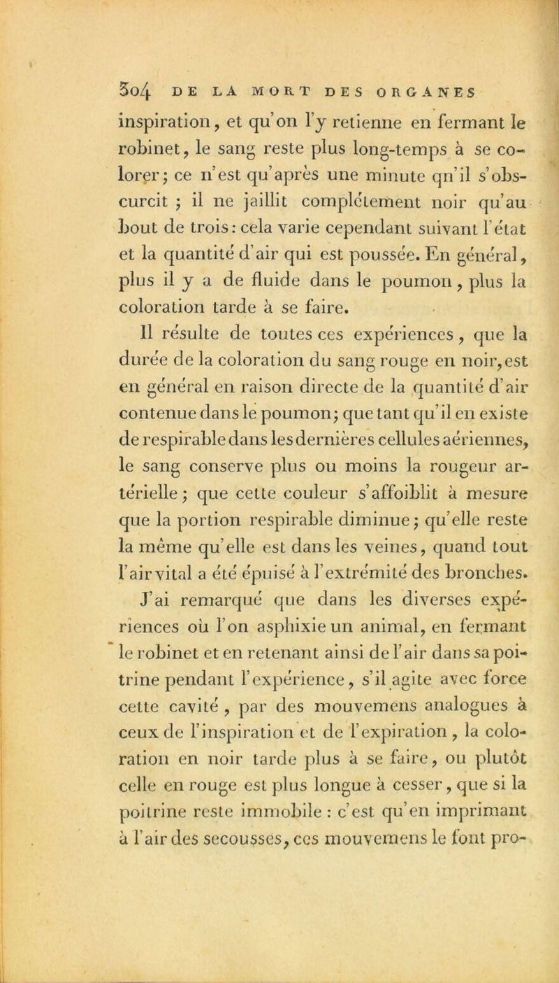 inspiration, et qu’on l’y retienne en fermant le robinet, le sang reste plus long-temps à se co- lorer; ce n’est qu’après une minute qn’il s’obs- curcit 5 il ne jaillit complètement noir qu’au bout de trois: cela varie cependant suivant l’état et la quantité d’air qui est poussée. En général, plus il y a de fluide dans le poumon, plus la coloration tarde à se faire. 11 résulte de toutes ces expériences, que la durée de la coloration du sang rouge en noir,est en général en raison directe de la quantité d’air contenue dans le poumon; que tant qu’il en existe de l’espirable dans les dernières cellules aériennes, le sang conserve plus ou moins la rougeur ar- térielle ; que cette couleur s’affoiblit à mesure que la portion respirable diminue ; qu’elle reste la même qu’elle est dans les veines, quand tout l’airvital a été épuisé à l’extrémité des bronches. J’ai remarqué que dans les diverses expé- riences où l’on asphixie un animal, en fermant le robinet et en retenant ainsi de F air dans sa poi- trine pendant l’expérience, s’il agite avec force cette cavité , par des mouvemens analogues à ceux de l’inspiration et de l’expiration , la colo- ration en noir tarde plus à se faire, ou plutôt celle en rouge est plus longue à cesser, que si la poitrine reste immobile : c’est qu’en imprimant à l’air des secousses, ces mouvemens le font pro-