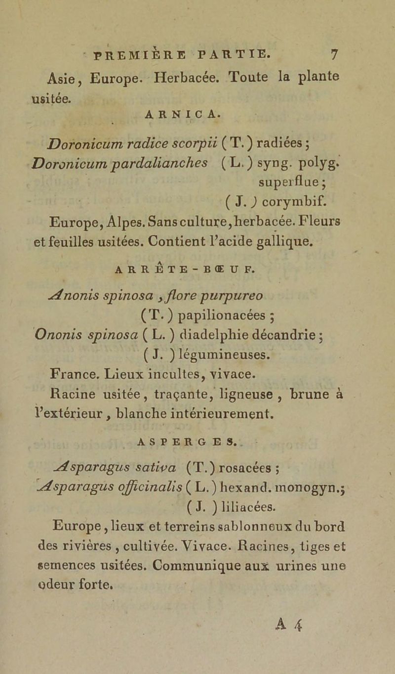 Asie, Europe. Herbacée. Toute la plante usitée. ARNICA. Doronicum radice scorpit (T.) radiées ; Doronicum pardalianches (L.) syng. polyg. superflue ; ( 3. ) corymbif. Europe, Alpes. Sans culture, herbacée. Fleurs et feuilles usitées. Contient l’acide gallique. ARRÊÔTE-BŒUF. Ænonis spinosa , flore purpureo (T.) papilionacées ; Ononis spinosa ( L. ) diadelphie décandrie ; (J. ) légumineuses. France. Lieux incultes, vivace. Racine usitée, traçante, ligneuse , brune à l'extérieur , blanche intérieurement. À S P ER G E S.. ÆAsparagus sativa (T.)rosacées ; Asparagus officinalis ( L.)hexand.monogyn.; (J. ) liliacées. Europe, lieux et terreinis sablonneux du bord des rivières , cultivée. Vivace. Racines, tiges et semences usitées, SE aux urines une odeur re À 4