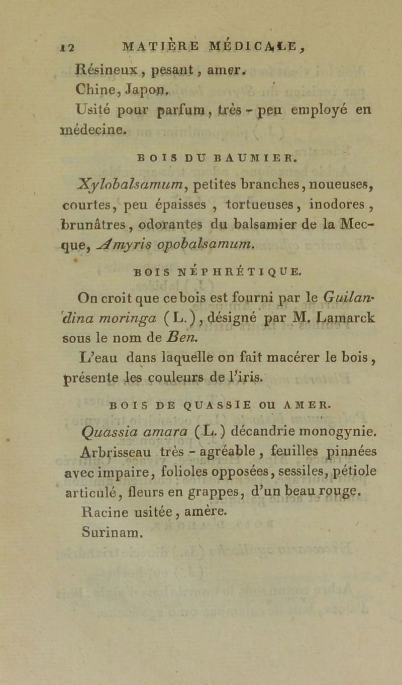 Résineux , pesant , amer. Chine, Japon, Usité pour parfum, très - pen employé en médecine. BOIS DU BAUMIER. Xylobalsamum, petités branches, noueuses, courtes, peu épaisses , tortueuses, inodores , brunâtres, odorantes du balsamier de la Mec- que, Æmyris opobalsamum. BOIS NÉPHRÉTIQUE. On croit que cebois est fourni par le Guilan- dina moringa (1.), désigné par M. Lamarck sous le nom de Ben. T/eau dans laquélle on fait macérer le bois, présente Jes couleurs de l'iris. BOIS DE QUASSIE OU AMER. Quassia amara (11) décandrie monogynie. Arbrisseau très - agréable , feuilles pinnées avec impaire, folioles opposées, sessiles, pétiole articulé, fleurs en grappes, d’un beau rouge. Racine usitée , amère. Surinam,