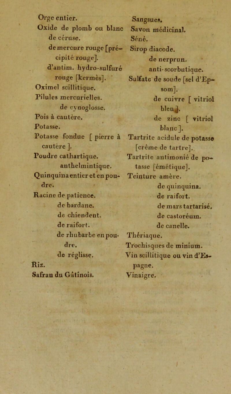 Orge entier. Oxide de plomb ou blanc de cérnse. de mercure rouge [pré- cipité rougej. d’antim. hydro-sulfuré rouge [kermès]. Oximel scillitique. Pilules mercurielles. de cynoglosse. Pois à cautère. Potasse. Potasse fondue [ pierre à cautère ]. Poudre cathartique. antkelmintique. Quinquinaentier et en pou* dre. Racine de patience, de bardane. de chiendent, de raifort, de rhubarbe en pou- dre. de réglisse. Riz. Safran du Gâtinois. Sangsues. Savon médicinal. Séné. Sirop diacode. de nerprun, anti- scorbutique. Sulfate de soude [sel d’Ep- som], de cuivre [ vitriol bleu,}. de zinc [ vitriol blanc]. Tartrite acidulé de potasse [crème de tartre]. Tartrite antimoniéde po- tasse [émétique]. Teinture amère. de quinquina, de rai fort, demarstartarisé, de castoréum. de canelle. Thériaque. Trochisques de minium. Yin scillitique ou vin d’Es- pagne. Vinaigre. I 1
