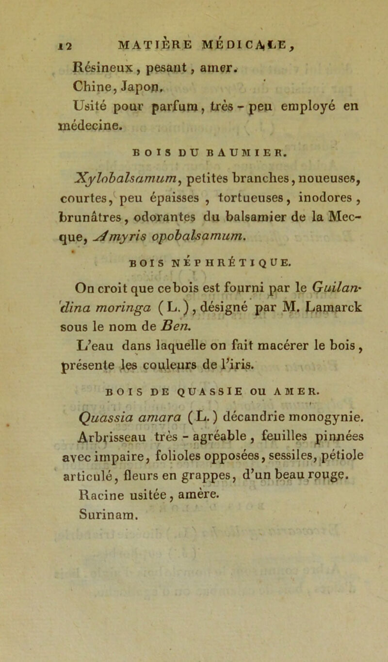 Résineux, pesant, amer. Chine, Japon. Usité pour parfum, très - peu employé en médecine. BOIS DU BAUMIER. Xjylnbalsamum, petites branches,noueuses, courtes, peu épaisses , tortueuses, inodores, brunâtres, odorantes du balsamier de la Mec- que, jdmyris opobalsamum. BOIS NÉPHRÉTIQUE. •\ : r . > f 1 On croit que cebois est fourni par le Guilan• clina moringa ( L. ) , désigné par M. Lamarck sous le nom de Ben. L’eau dans laquelle on fait macérer le bois , présente les couleurs de l’iris. BOIS DE QUASSIE OU AMER. Quassia amara ( L. ) décandrie monogynie. Arbrisseau très - agréable , feuilles pi nuées avec impaire, folioles opposées, sessiles, pétiole articulé, fleurs en grappes, d’un beau rouge. Racine usitée, amère. Surinam.