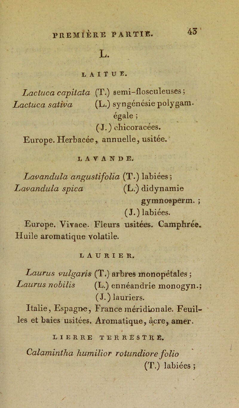 L. 43’ laitue. Lactuca capitata (T.) semi-flosculeuses ; Lactuca saliva (L.) syngénésie polygam. égale ; (J.) ehicoracées. Europe. Herbacée, annuelle, usitée.' LAVANDE. Lavandula angustifolia (T.) labiées; Lavandula spica (L.) didynamie gymnosperm. ; (J.) labiées. Europe. Vivace. Fleurs usitées. Camphrée. Huile aromatique volatile. LAURIER. Laurus vulgaris (T.) arbres monopétales ; Laurus nobilis (L.) ennéandrie monogyn.; (J.) lauriers. Italie, Espagne, France méridionale. Feuil- les et baies usitées. Aromatique, âcre, amer. lierre terrestre. Calamintha humilior rotundiore folio