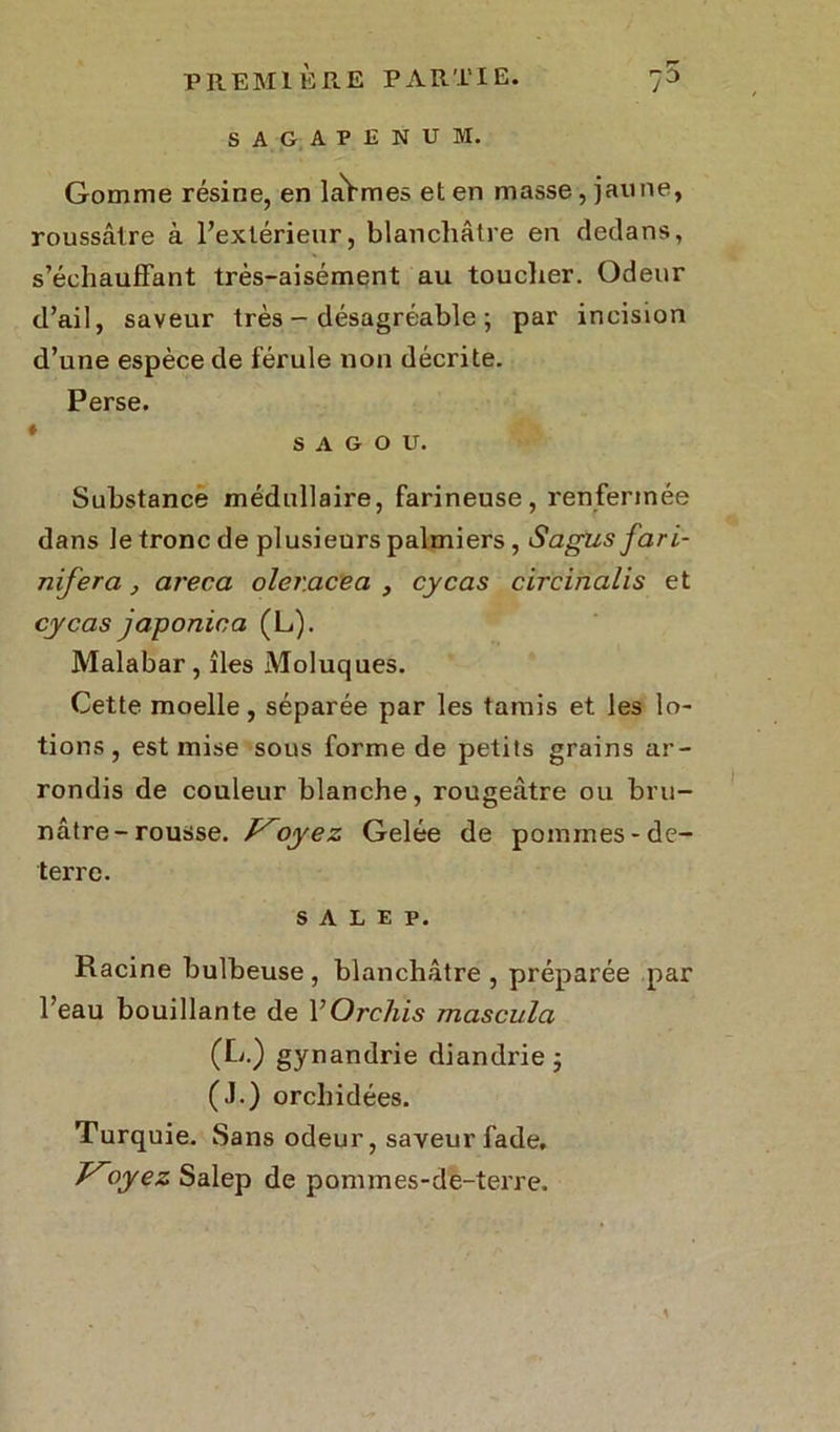 SAGAPENUM. Gomme résine, en laYmes et en masse , jaune, roussâtre à l’extérieur, blanchâtre en dedans, s’échauffant très-aisément au toucher. Odeur d’ail, saveur très - désagréable ; par incision d’une espèce de férule non décrite. Perse. SAGOU. Substance médullaire, farineuse, renfermée dans le tronc de plusieurs palmiers , Sagus fari- nifera, areca oleracea , cycas circinalis et cycas japonica (L). Malabar, îles Moluques. Cette moelle, séparée par les tamis et les lo- tions, est mise sous forme de petits grains ar- rondis de couleur blanche, rougeâtre ou bru- nâtre-rousse. Ployez Gelée de pommes-de- terre. s A L e p. Racine bulbeuse , blanchâtre , préparée par l’eau bouillante de YOrchis masculci (L.) gynandrie diandrie ; (J.) orchidées. Turquie. Sans odeur, saveur fade. oyez Salep de ponnnes-de-terre.