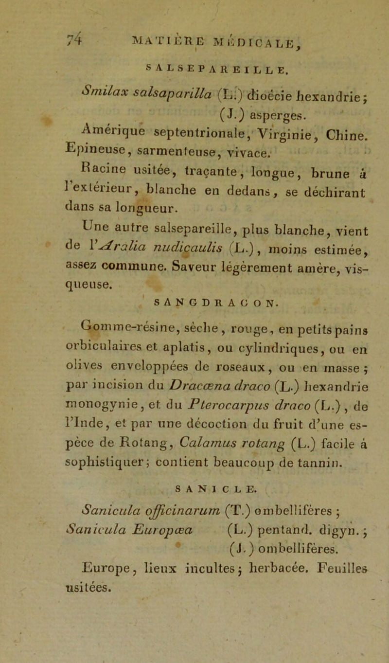 salsepareille. Smilax salsaparilla (L-) clioécie hexandrie; (J.) asperges. Améiique septentrionale, Virginie, Chine. Epineuse, sarmenleuse, vivace. Kacine usitée, traçante, longue, brune à 1 extérieur, blanche en dedans, se déchirant dans sa longueur. Une autre salsepareille, plus blanche, vient de 1 sdralia nudicciulis E.), moins estimée, assez commune. Saveur légèrement amère, vis- queuse. SAN GDRAGON. Gomme-résine, sèche, rouge, en petits pains orbiculaires et aplatis, ou cylindriques, ou en olives enveloppées de roseaux, ou en masse; par incision du Dracœna clraco (L-) hexandrie monogvnie, et. du Pterocarpus draco (L.) , de l’Inde, et par une décoction du fruit d’une es- pèce de Rotang, Calamus rotang (L.) facile à sophistiquer; contient beaucoup de tannin. s A N 1 c L E. Sanicula offîcinarum (T.) ombelüfères ; Sanicula Europæa (L.) pentand. digyn. ; (J.) ombellifères. Europe, lieux incultes ; herbacée. Feuilles usitées.